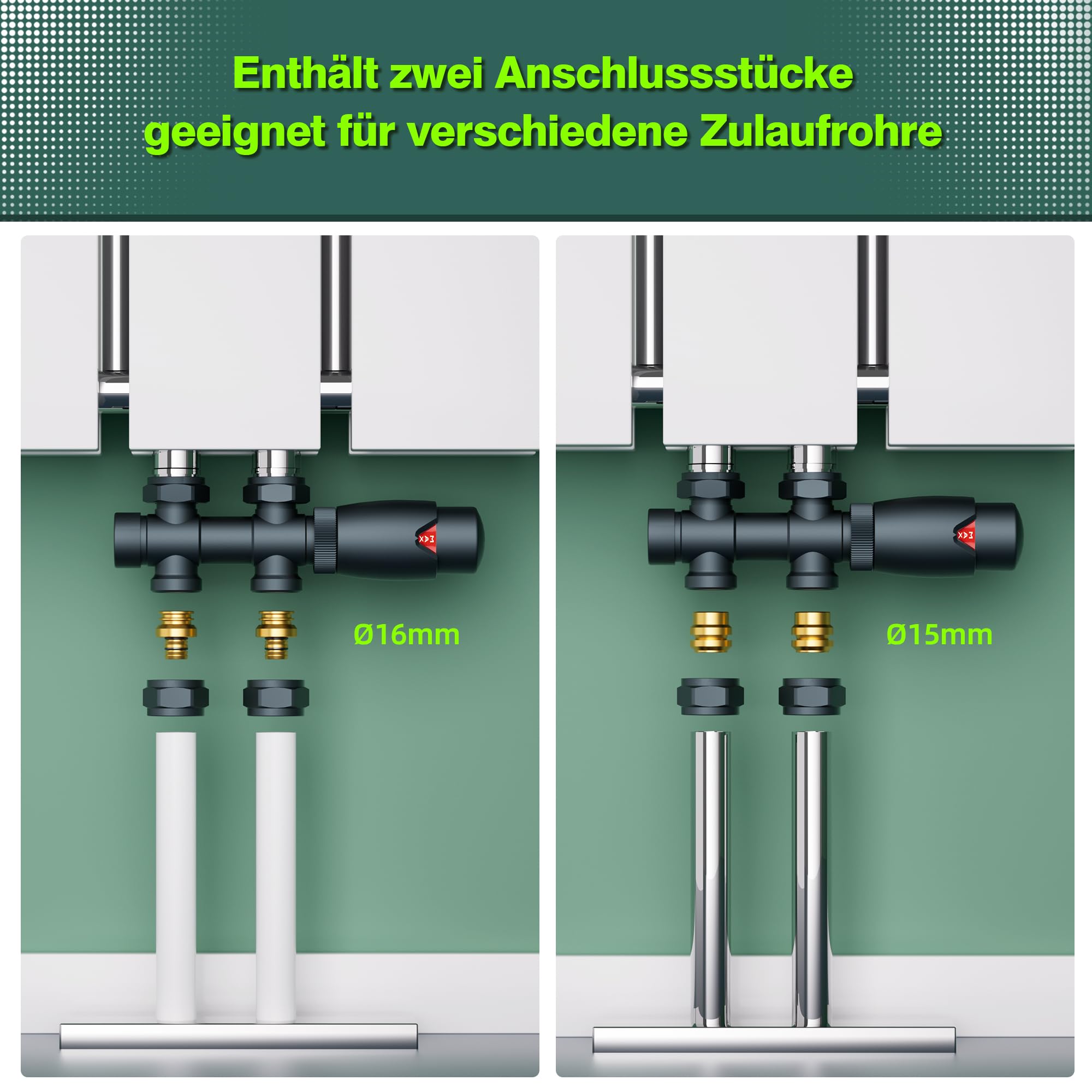 Multiblock Set für Heizkörper Anschlussarmatur mit Thermostat, Hahnblock Heizkörper Ventil Eck- und Durchgangsform 50mm, Heizkörperventil für Badheizkörper Heizungszubehör(G1/2",Anthrazit)