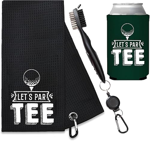 Your Dream Party Shop Let's Par Tee - Divertida toalla de golf para hombres con cepillo y enfriador de latas, toallas de golf divertidas negras para