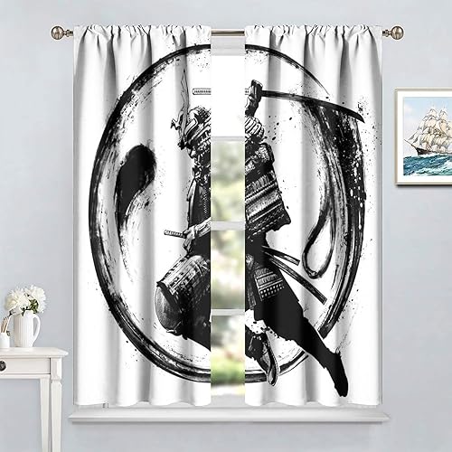 Miniatura 3 de Cortinas japonesas samuráis de anime estilo Janpan pintura de tinta para niños y hombres, decoración de dormitorio, cortinas blancas y negras para