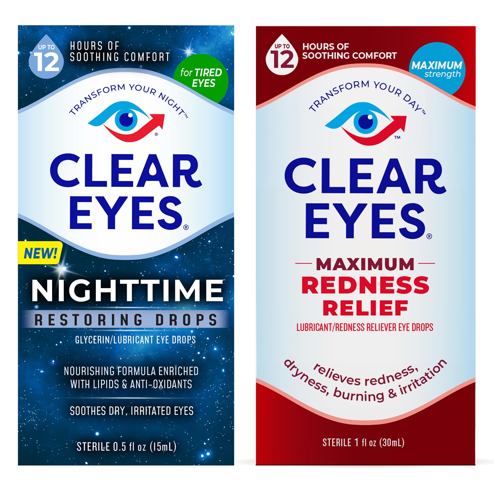 Bundle of Clear Eyes Nighttime Restoring Eyes Drops, Nighttime Relief Dry Eye Drops, 0.5 Fl Oz + Clear Eyes Maximum Redness Relief Eye Drops - 1 oz