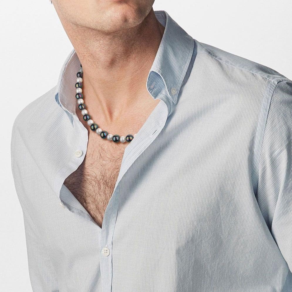 GAVU Black and White Shell Pearl Necklace for Men, Men’s Beaded Necklace - Image 3