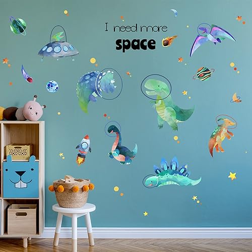 Miniatura 4 de Yovkky Calcomanía de pared de astronautas de dinosaurios espaciales para niños, divertidas calcomanías de dinosaurios animales y planetas