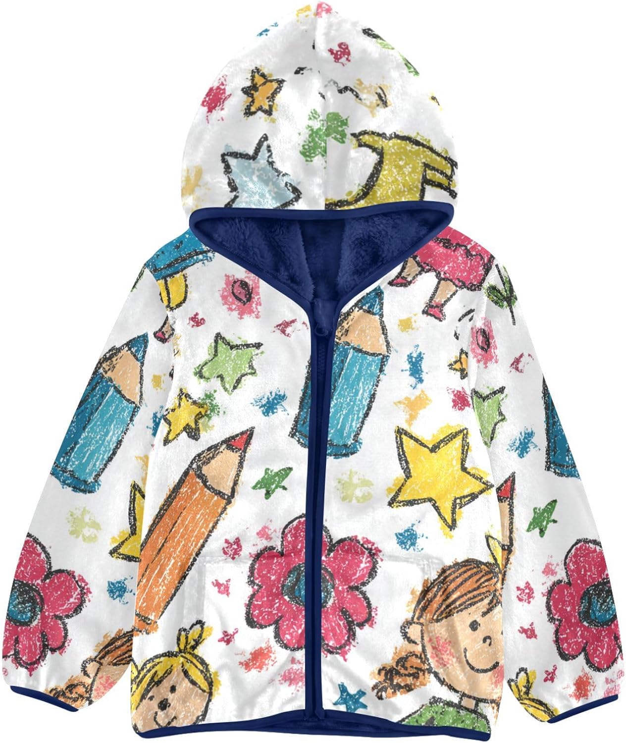 Crayon Hand Drawn Cartoon Cute Jackets for Toddler Children Winter Coat Navy Blue Baby Boy Clothes