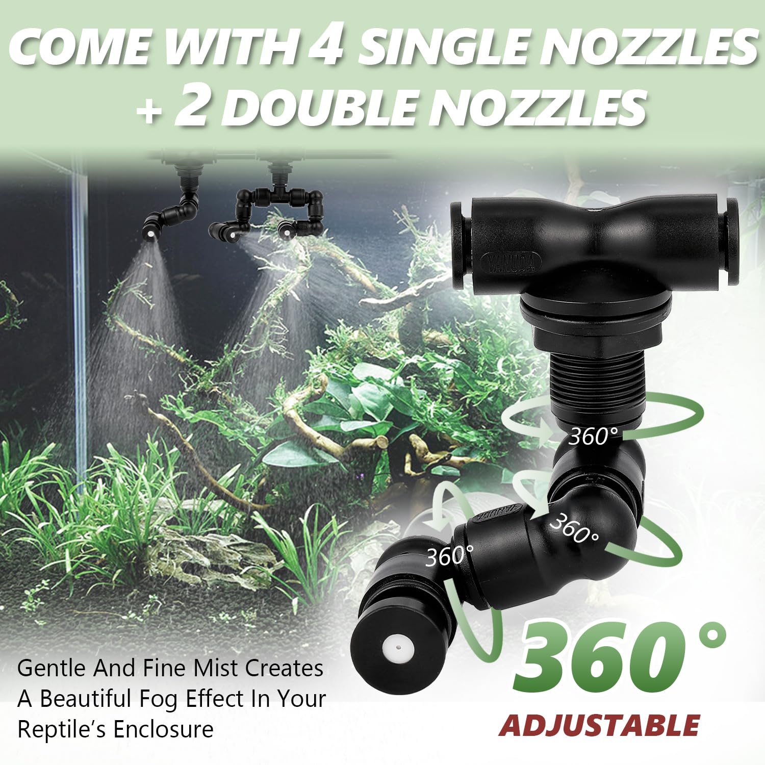 LANUEVA Humidificador de reptiles, nebulizador Mister más silencioso para terrario con 4 boquillas de niebla individuales + 2 boquillas de niebla doble, sistema de pulverización automático para