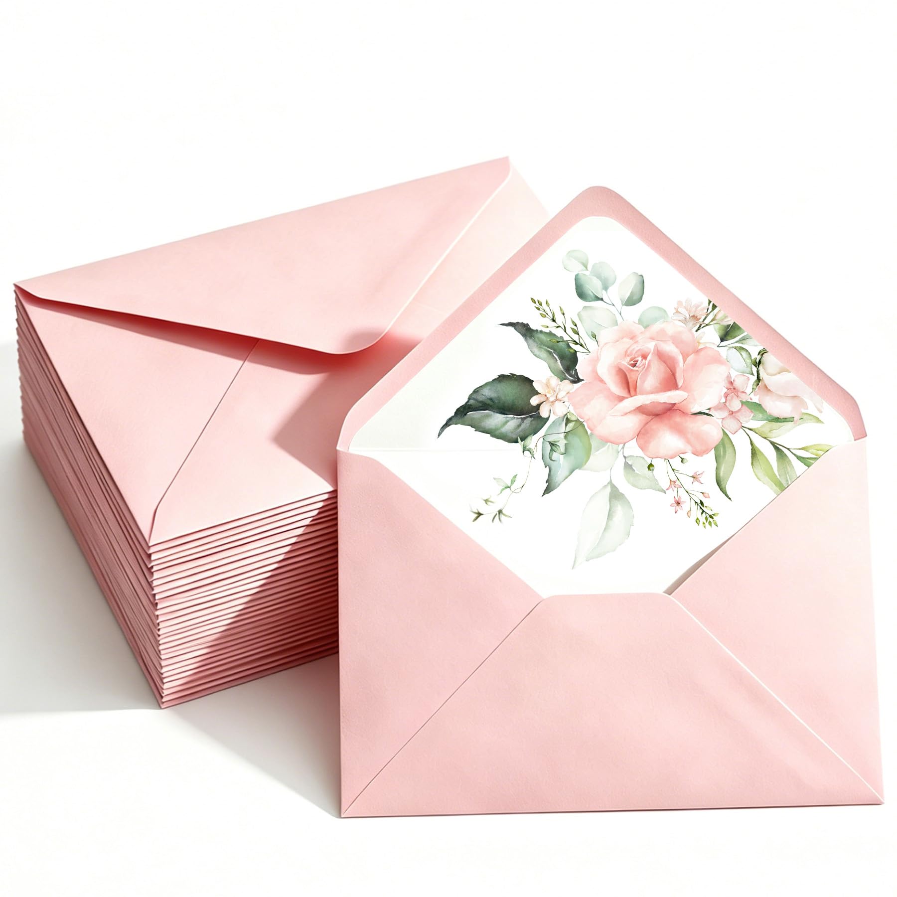 50 Pcs Pink Envelopes Floral Pattern 5x7 Envelopes for Wedding Invitation Cards, Greeting Cards, Birthday Baby Shower Invitations