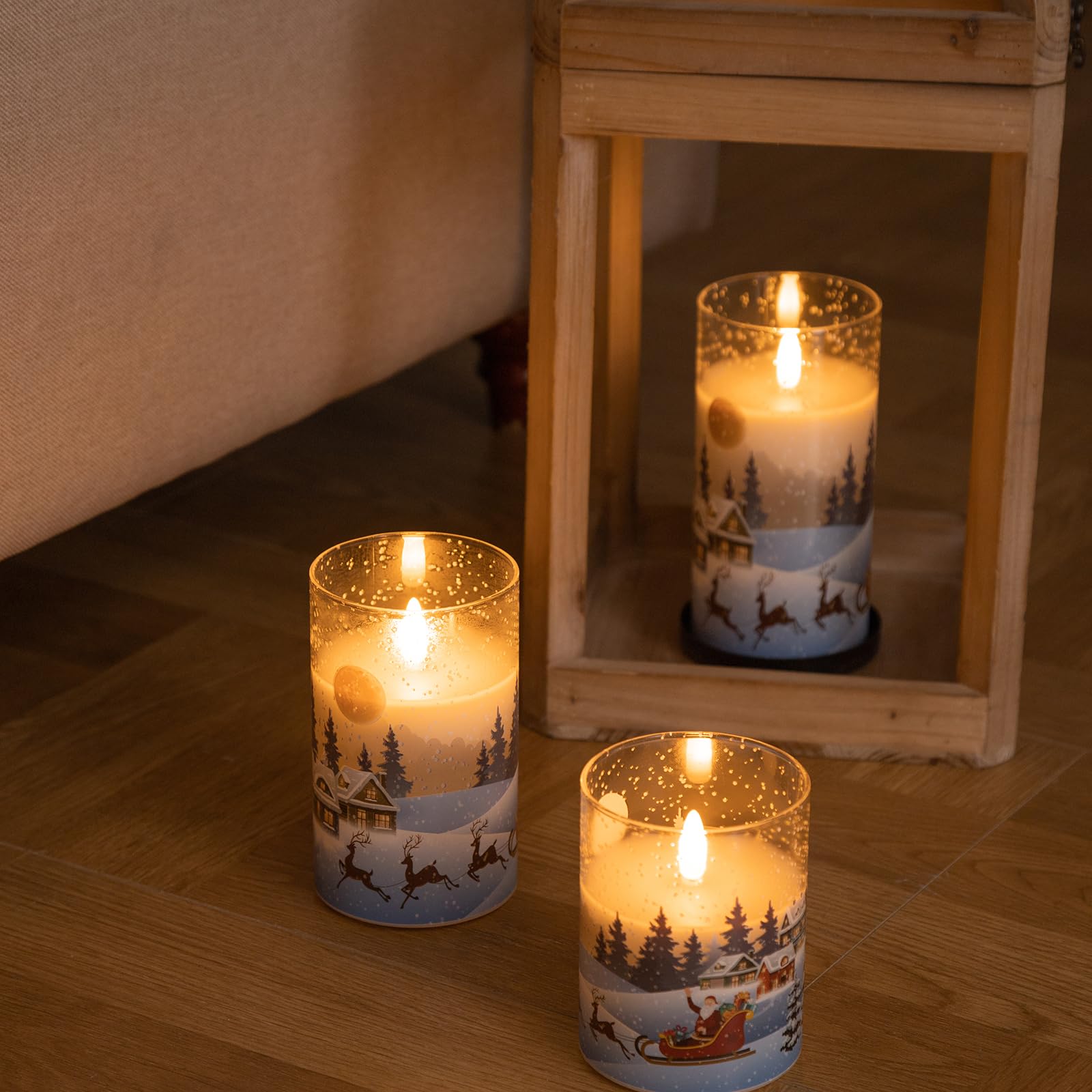 ANGELLOONG Christmas Flickering Glass Flameless Candles, Battery Operated Remote Candle with Timer, LED Electric Pillar Candles for Home Holiday Xmas Decor, Santa Claus