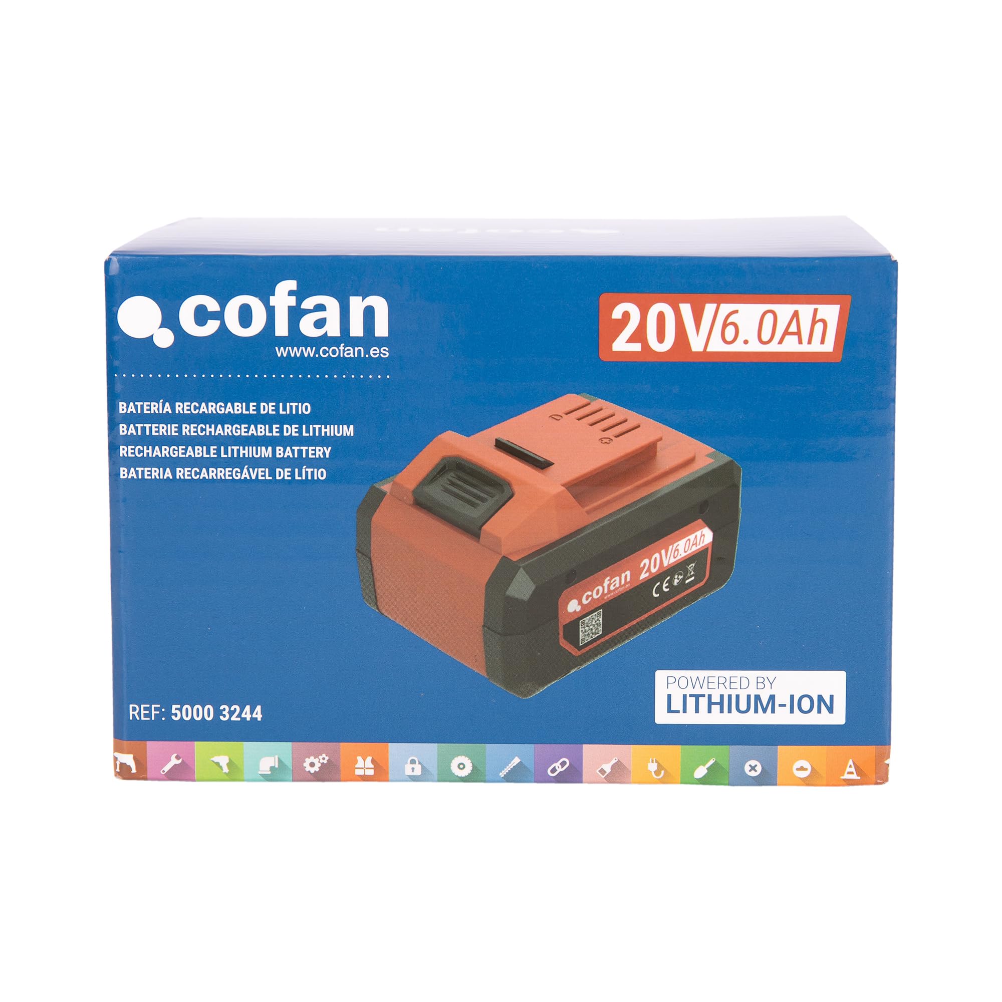 Cofan Batería Recargable Li-Ion 20 V 6.0 Ah | Compatible con Sistema 1 for All Cofan | Indicador led de Carga | Protección contra sobrecargas y Cortocircuitos