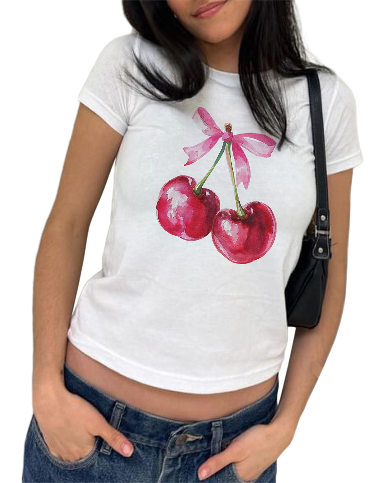 Y2K Baby-T-Shirts für Damen, lässig, schmale Passform, Schleife, Obst-Grafikdruck, bauchfreie Top...