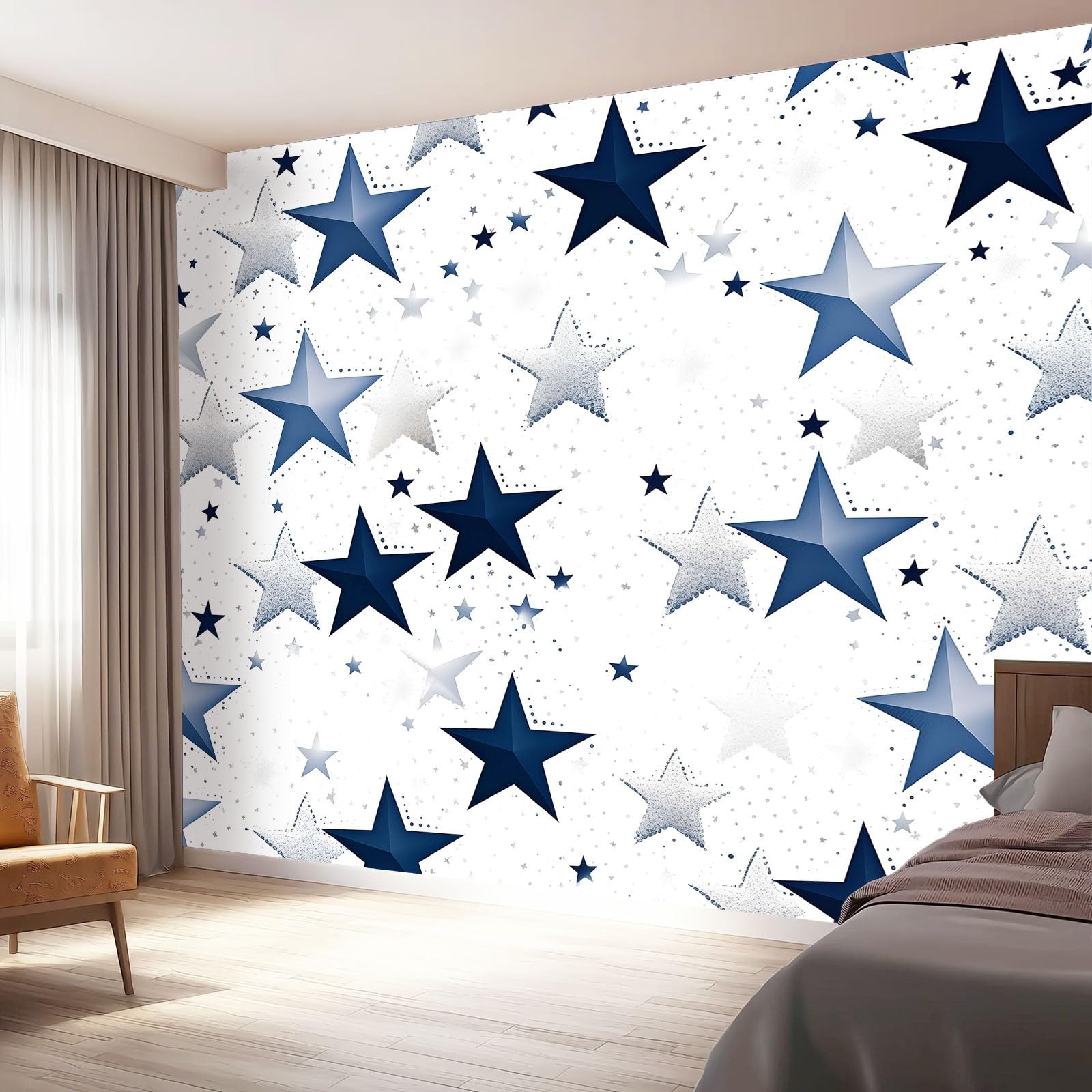 Tapeta minimalistyczna pięcioramienna gwiazda 200 x 140 cm, plakat ze zdjęciami tapeta ścienna dekoracja ścienna salon sypialnia pokój dziecięcy, granatowy srebrny