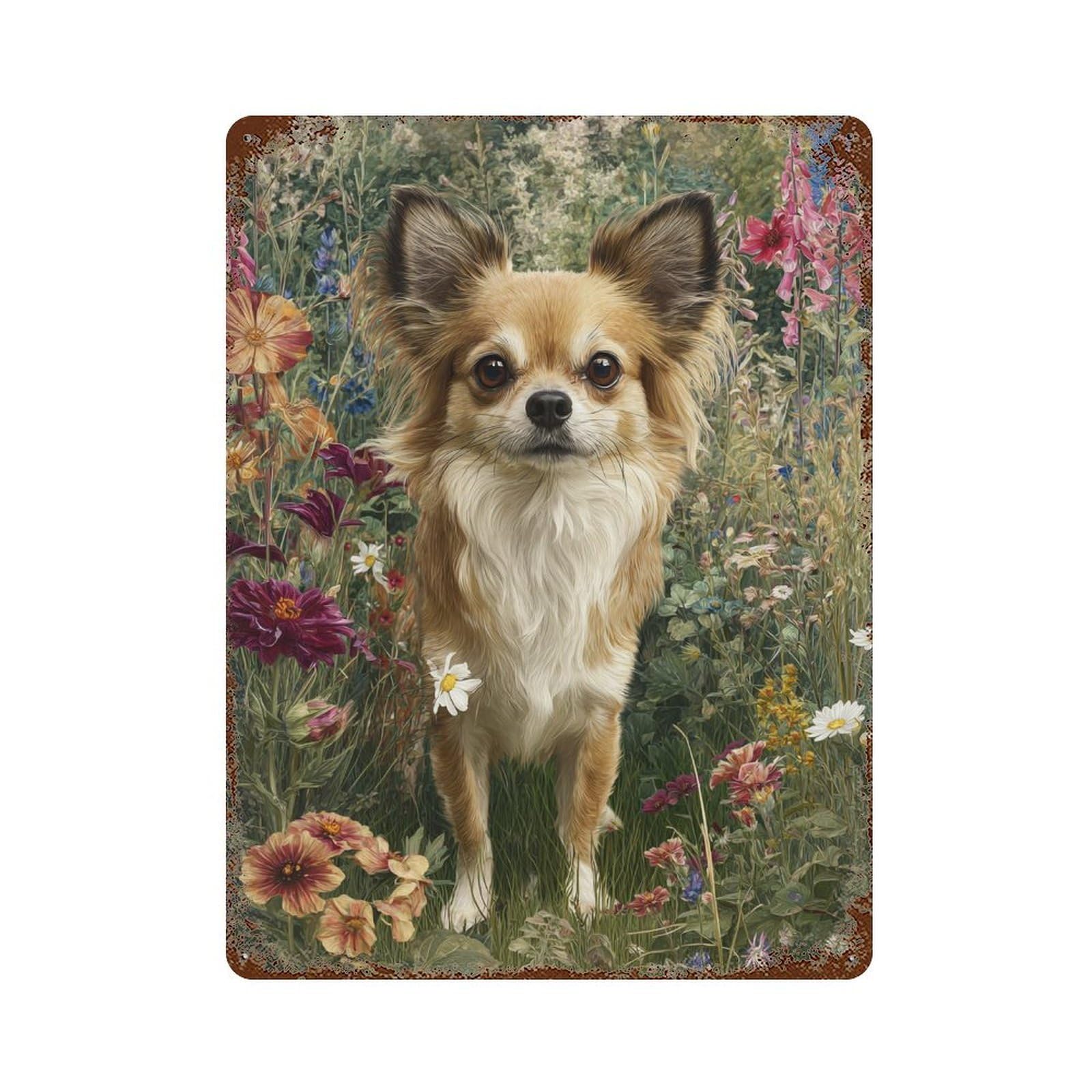 Garage Style Chihuahua in Flower Garden Rusty Metal Tin Sign 15.7"x11.8", Classic Wall Plaque for Bar And Workshop