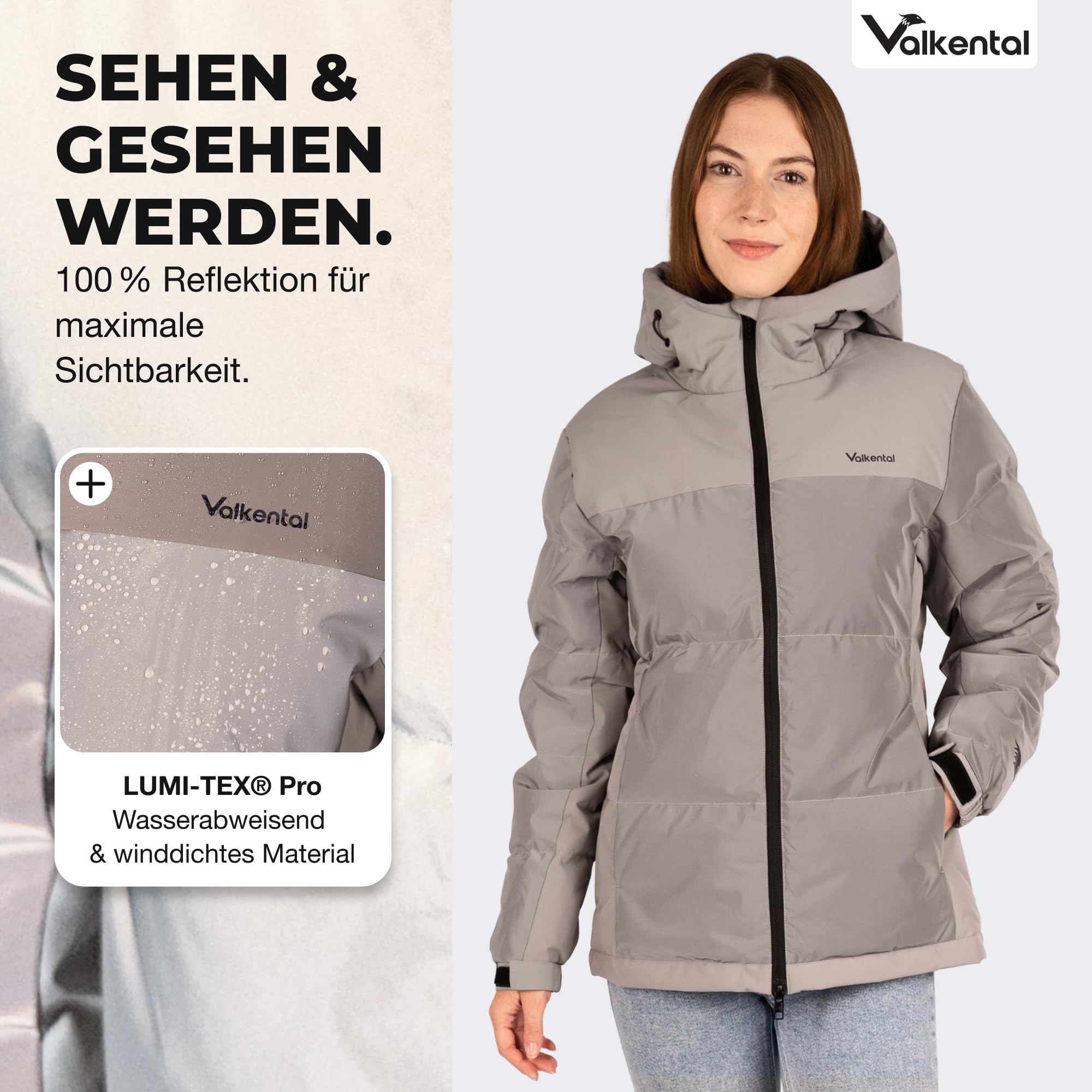 Valkental - Reflektierende Daunenjacke für Damen [VOLL REFLEKTIEREND] - Leichte Winterjacke mit Daunen für Frauen - Wasserabweisende LUMI-TEX Reflektor Winter Jacke - Sichtbarkeit im Dunkeln