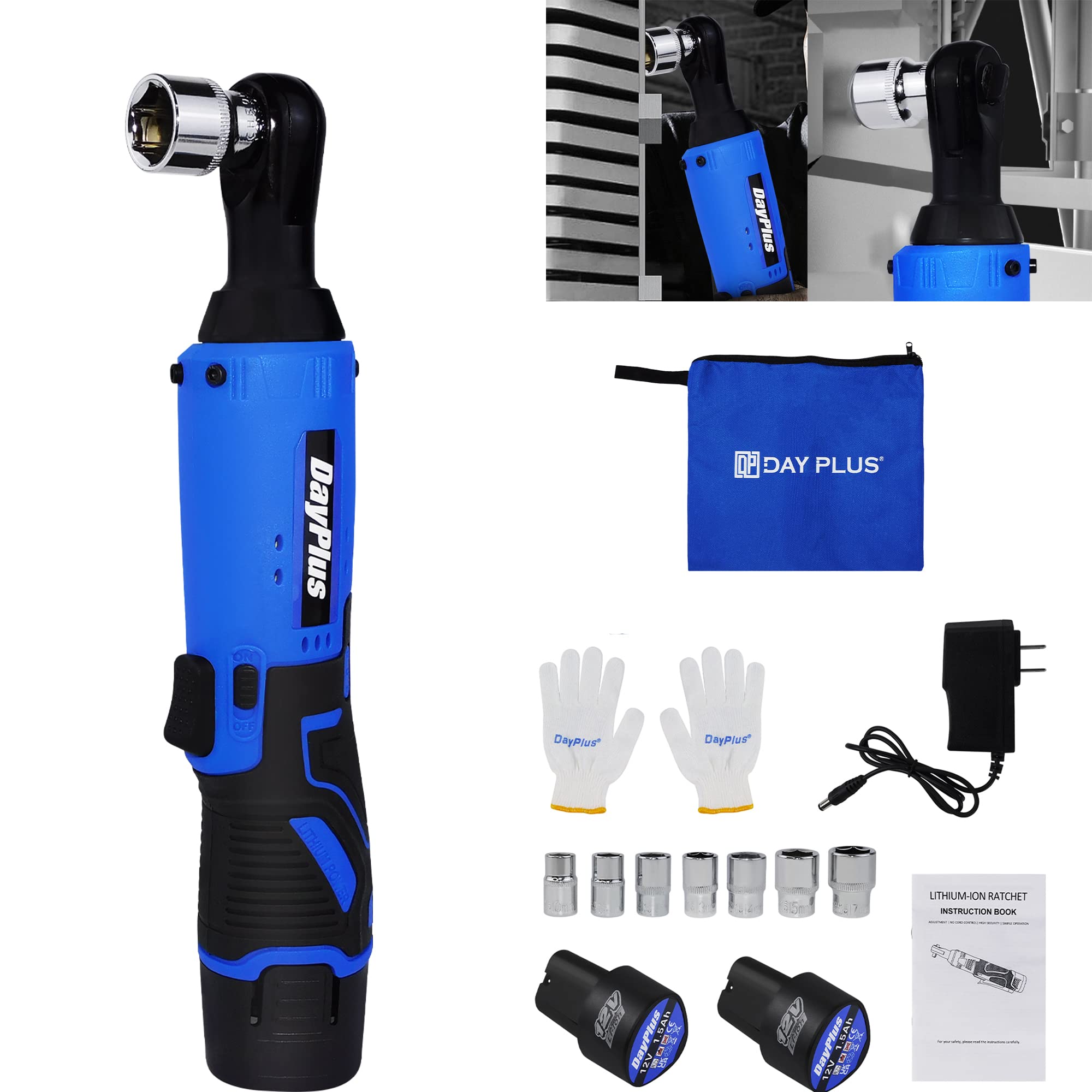 ANSIMIDA Cordless Ratchet Wrench 3/8 Electric Ratchet Wrench Set, 40 N·m Power Ratchet Tool with 2x1.5 Ah Lithium Batteries, 7 Sockets, 2 Screwdrivers, Quick Charger