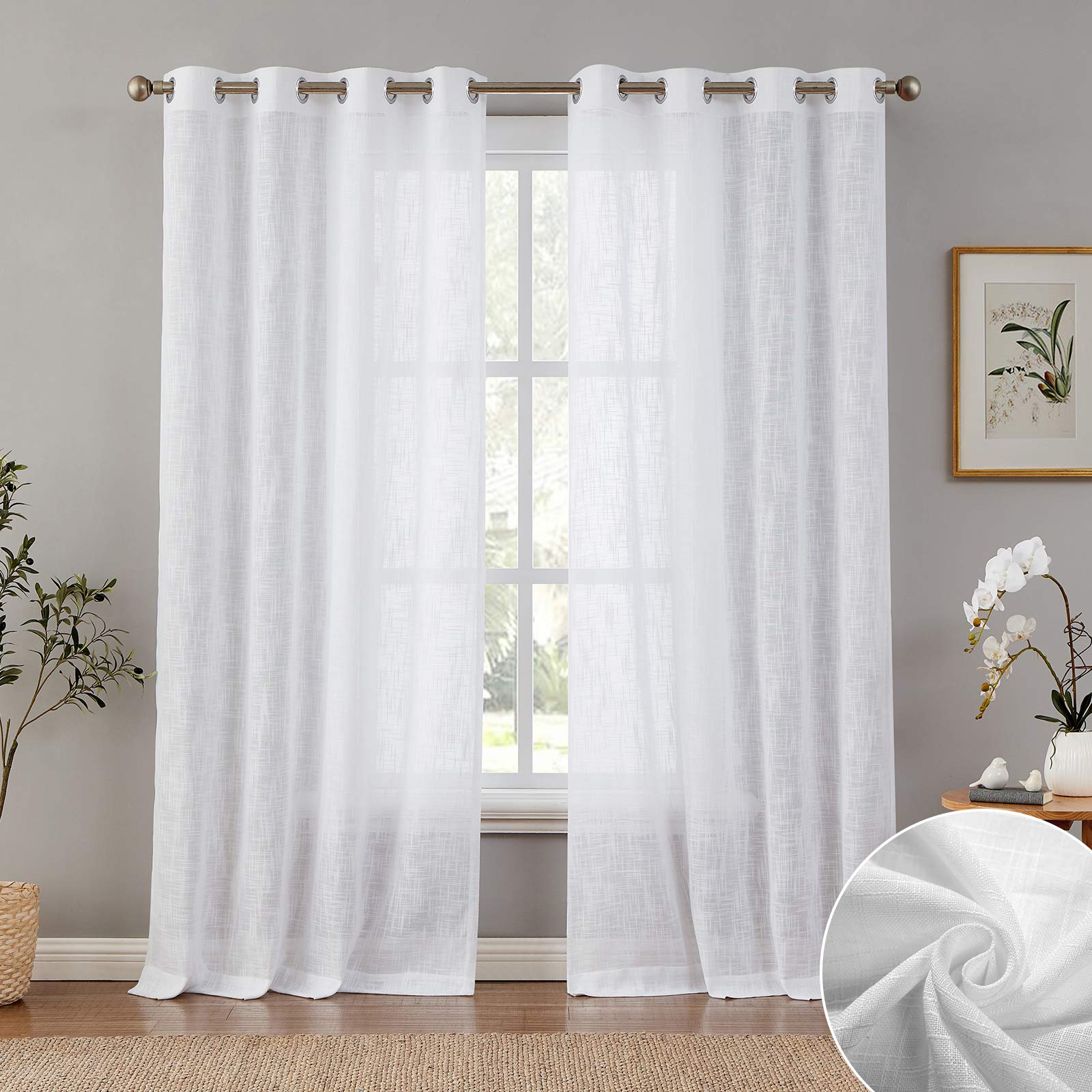 Melodieux White Linen Textured Semi Sheer Curtains 96 Inches Long for Living Room Bedroom Rustic Flax Linen Grommet Voile Drapes, 52 by 96 Inch (2 Panels)