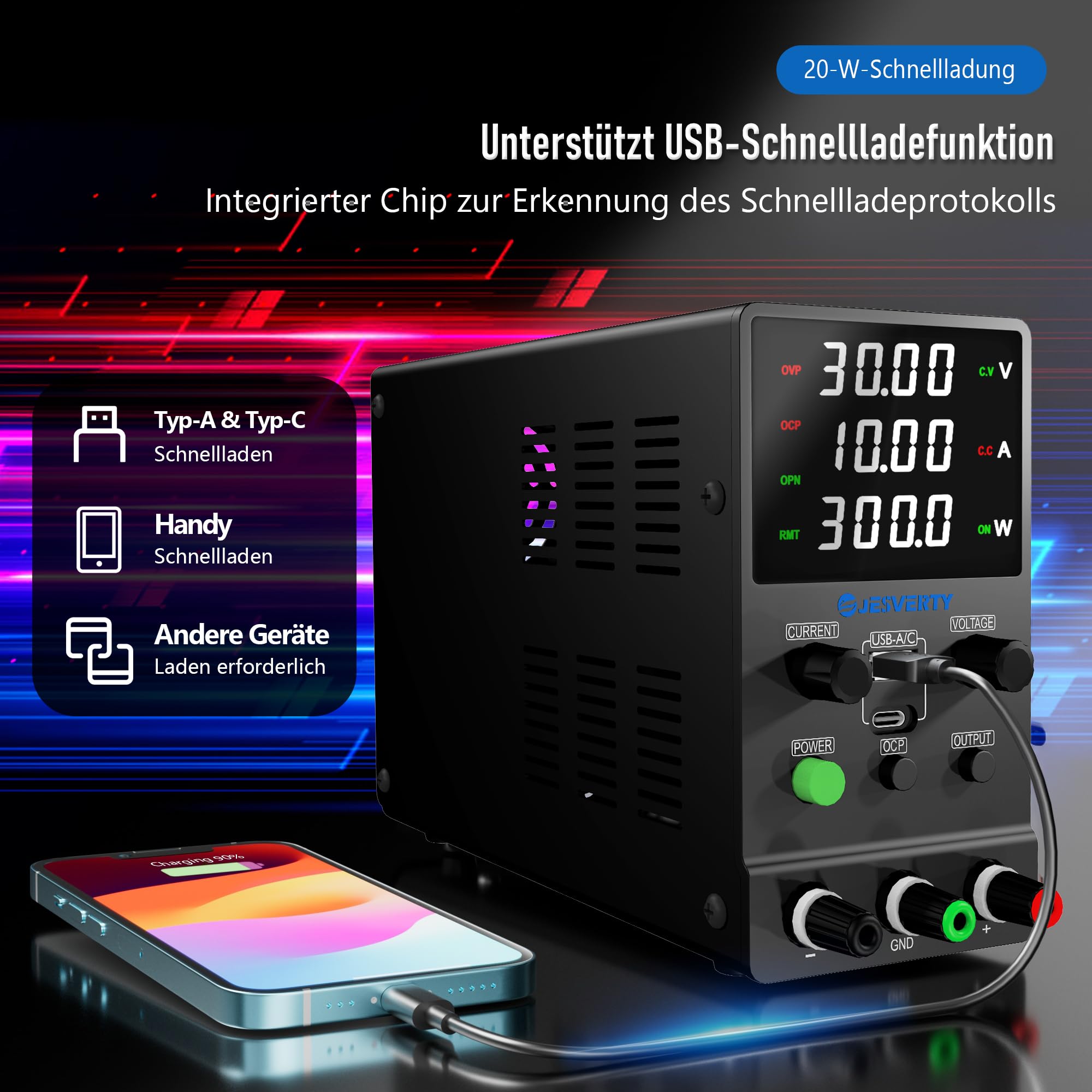 Labornetzteil, Jesverty Labornetzteil DC Regelbar Netzgerät(32 V, 10 A) mit USB und Type-C 20W Schnellladung, Encoder-Knopf, Ausgangs-EIN/Aus-Schalter, 4-stelliges LED-Display – SPS-3010M