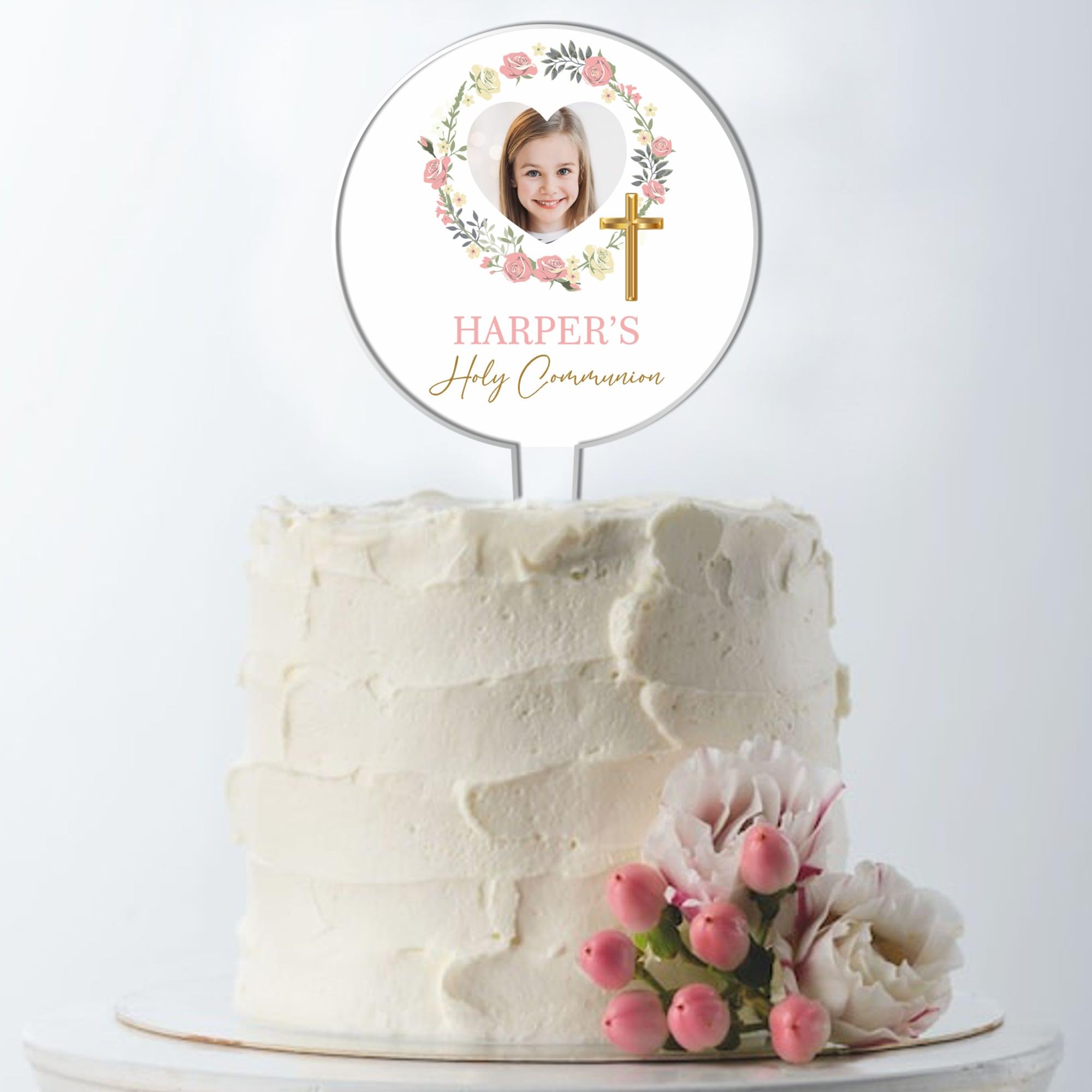 Personalised Photo Acrylic Cake Topper for Christenings, Holy Communions & Confirmations – Custom Child’s Name & Photo with Floral Wreath Designs (Holy Communion, Pink Floral Wreath)