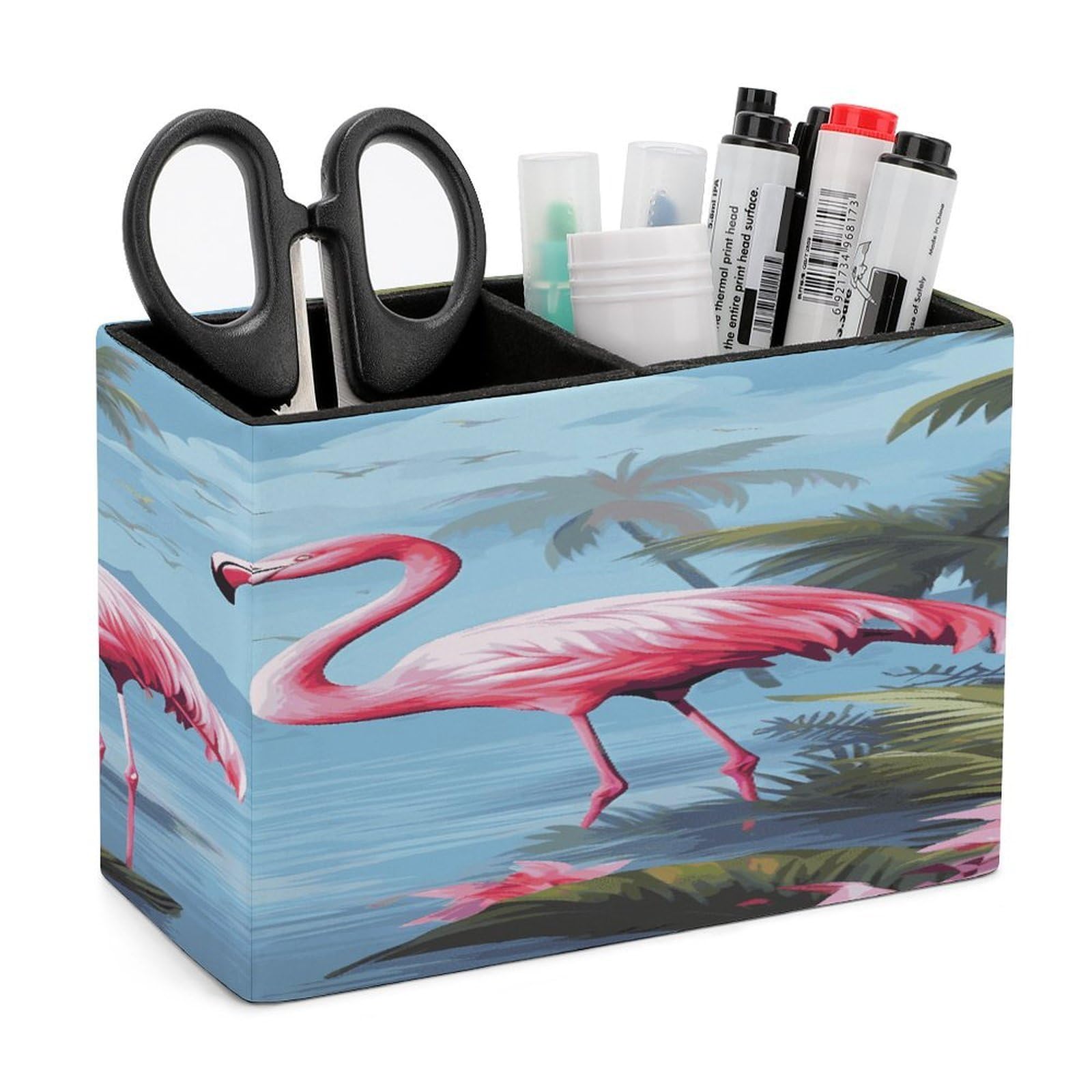 VstaDank Tropical Flamingos Pencil Holder for Desk(Double Slots) Fashion Leather Pencil Cup Simple Rectangular Shape Pen Holder Multi-Functional Pen Cup for Home Office Supplies Storage