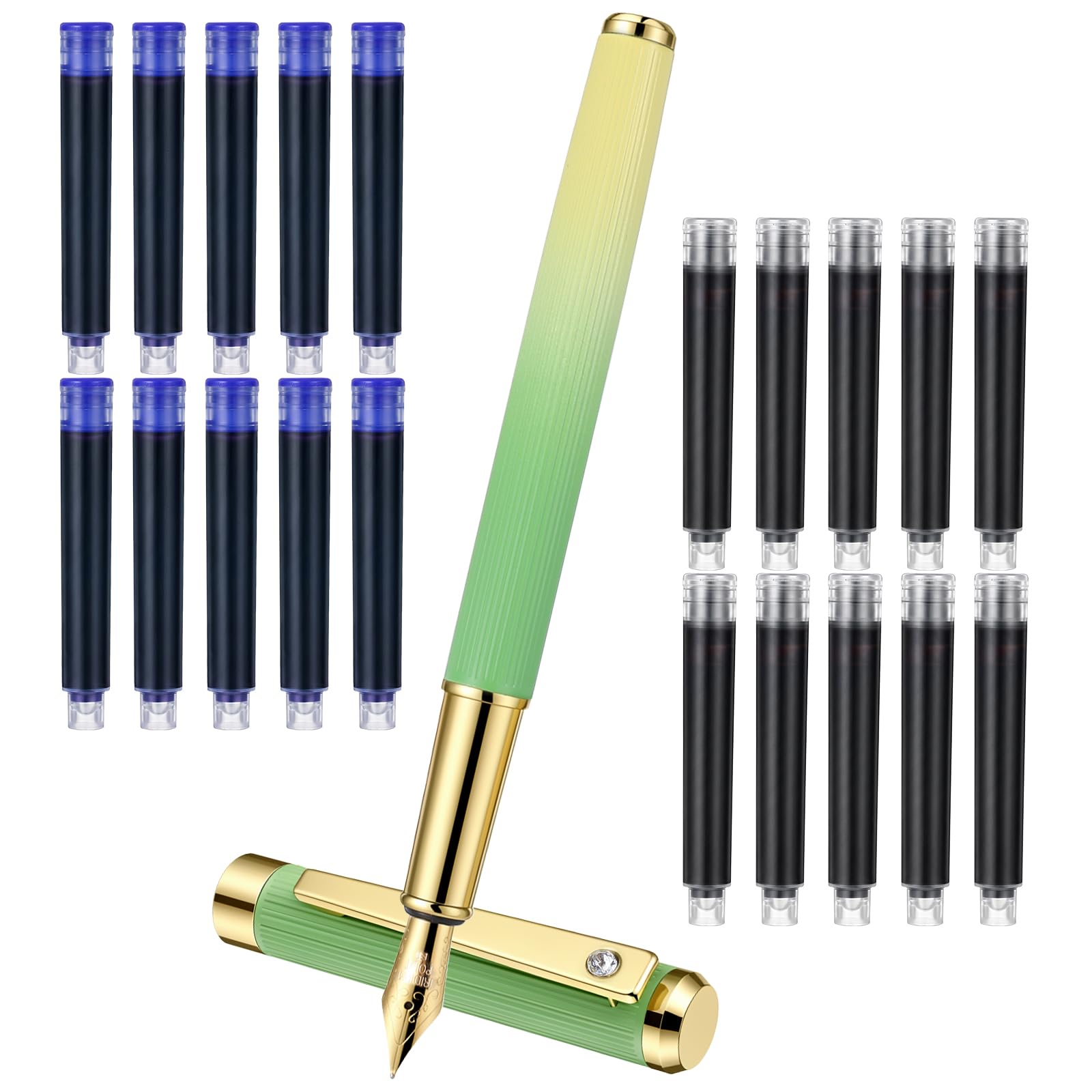 WJIAAA Metal Fountain Pens with 20 Ink Cartridges, 0.5mm Fine Nib luxury Calligraphy Pen Smooth Writing with 10 Black and 10 Blue Ink Refills for Office School Writing Supplies (Stripe Gradient)