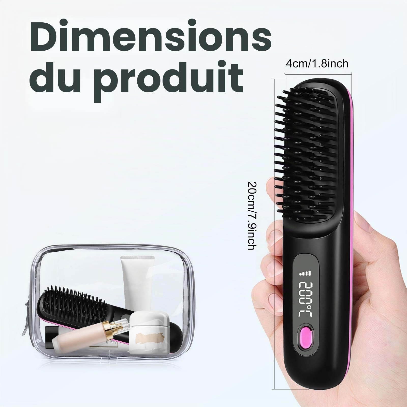 Go Brush Pro Peigne chauffant portable avec 3 modes de température - Brosse à lisser les cheveux sans fil pour le coiffage et les voyages