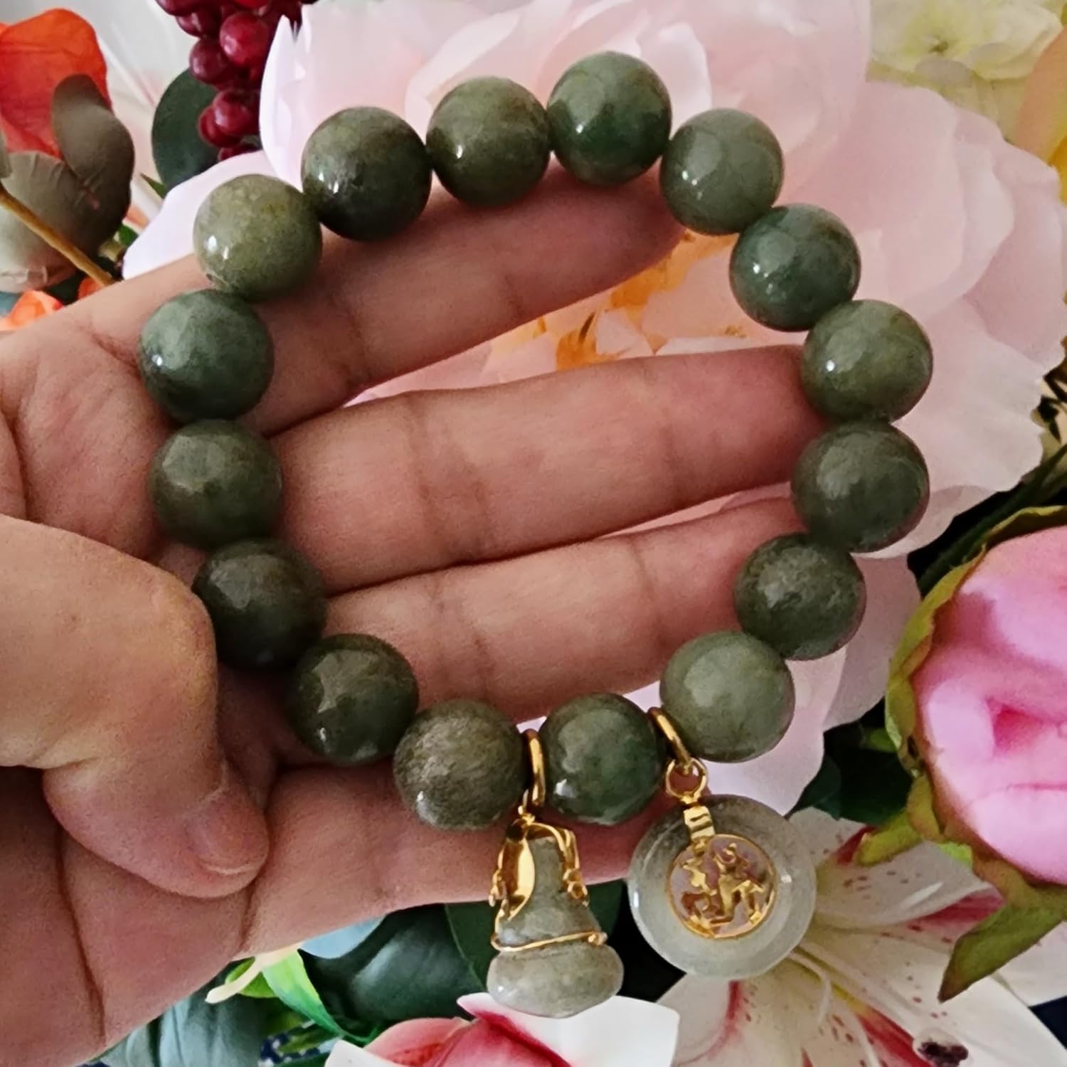 Natural Green Jade Stretch Bracelet with Gourd & Coin Charms – Thai Healing Energy Bangle for Prosperity, Luck & Abundance (14 mm, 7.5″) - Image 8