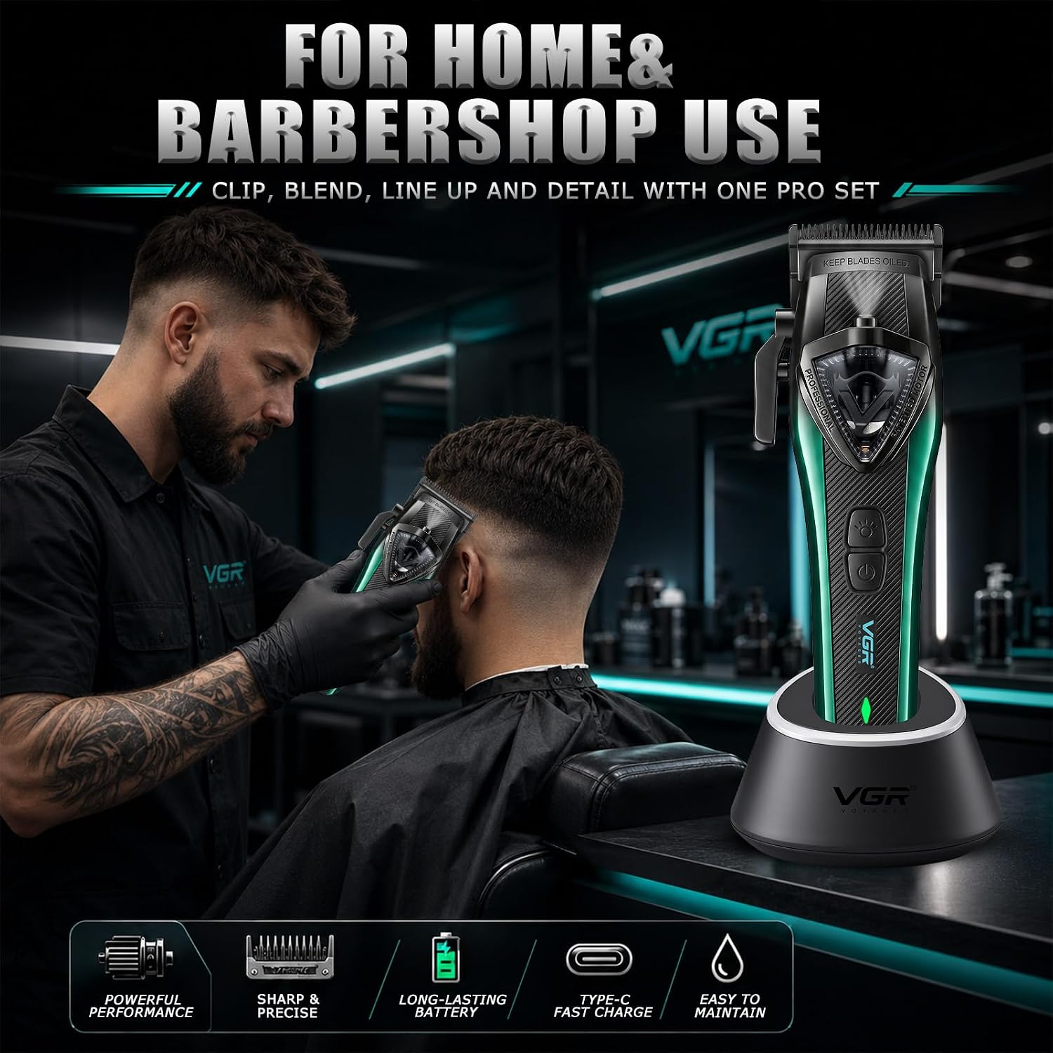 VGR 883S2 Professional Hair Clippers for Men, Cordless Barber Clippers & Zero-Gap Trimmer with Intelligent Speed Vector Motor 9000-11000 RPM, Rechargeable Barber Kit for Home and Travel