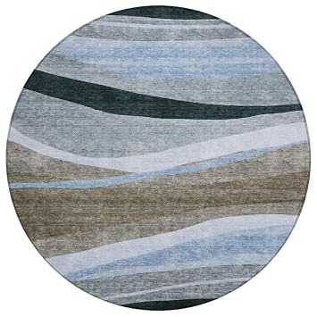 HomeRoots 603673 8 ft. Brown Blue & Gray Round Abstract Washable Indoor & Outdoor Area Rug