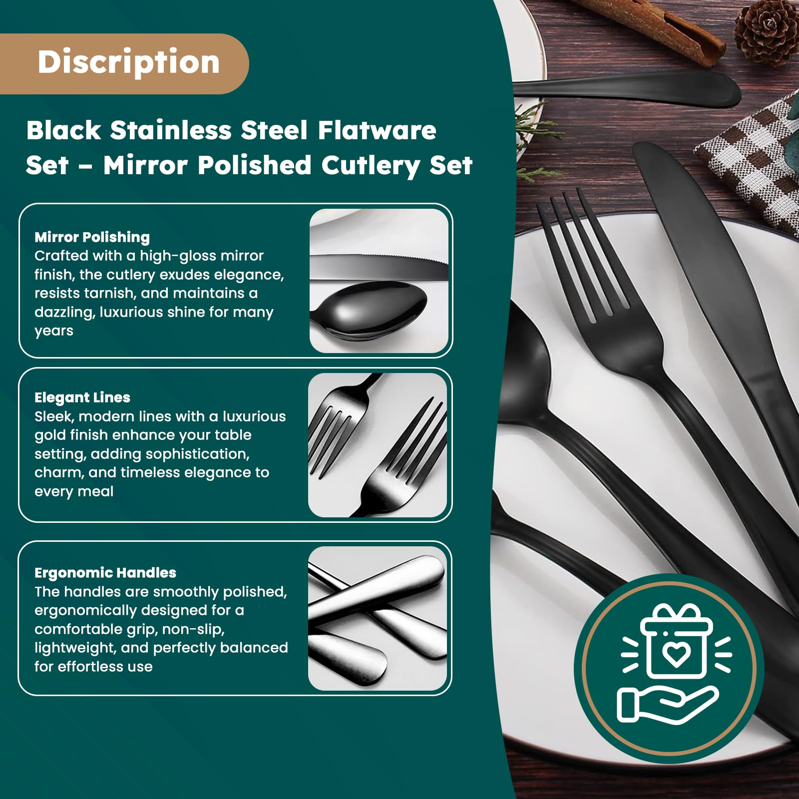 16-Piece Black Stainless Steel Flatware Set, LAVISHLY Mirror Polished Cutlery for 4 People, Durable & Dishwasher Safe Tableware - Image 4
