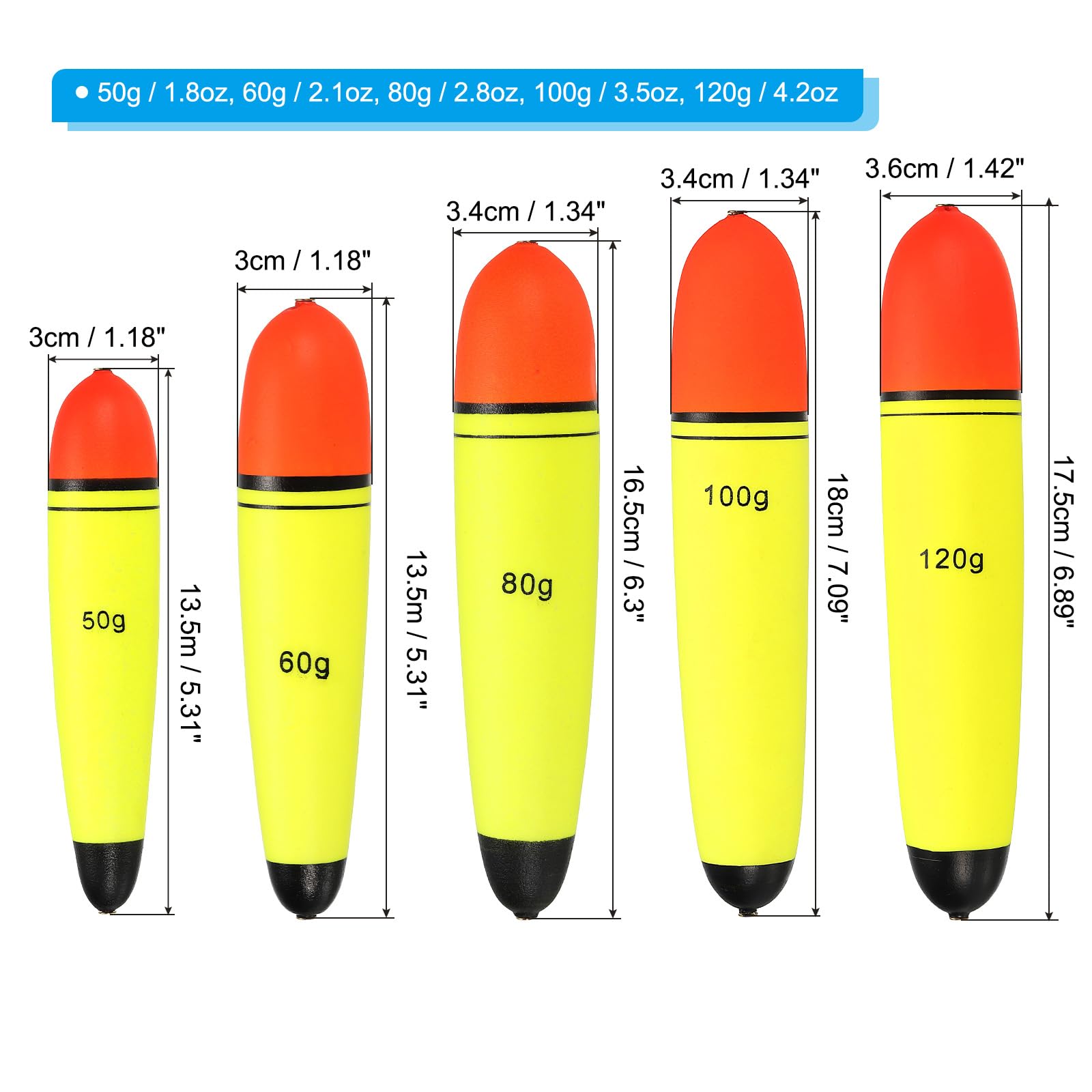 PATIKIL 1.8oz - 4.2oz Fishing Slip Bobbers, 5 Pack EVA Fishing Float for Sea Fishing Freshwater Yellow, Multicolor - Image 2