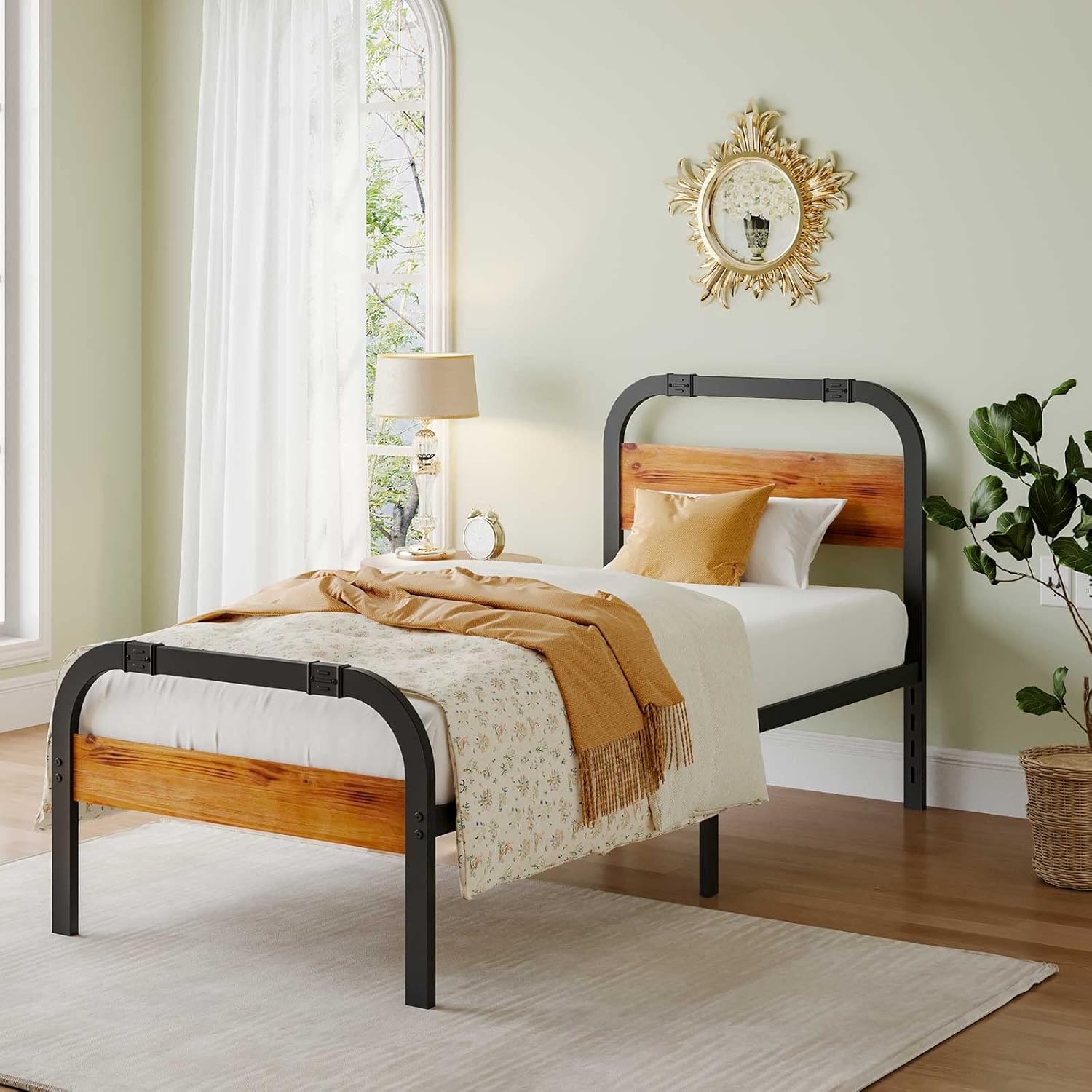 Uliesc Twin Size Metal Bed Frame with Modern Wood Headboard