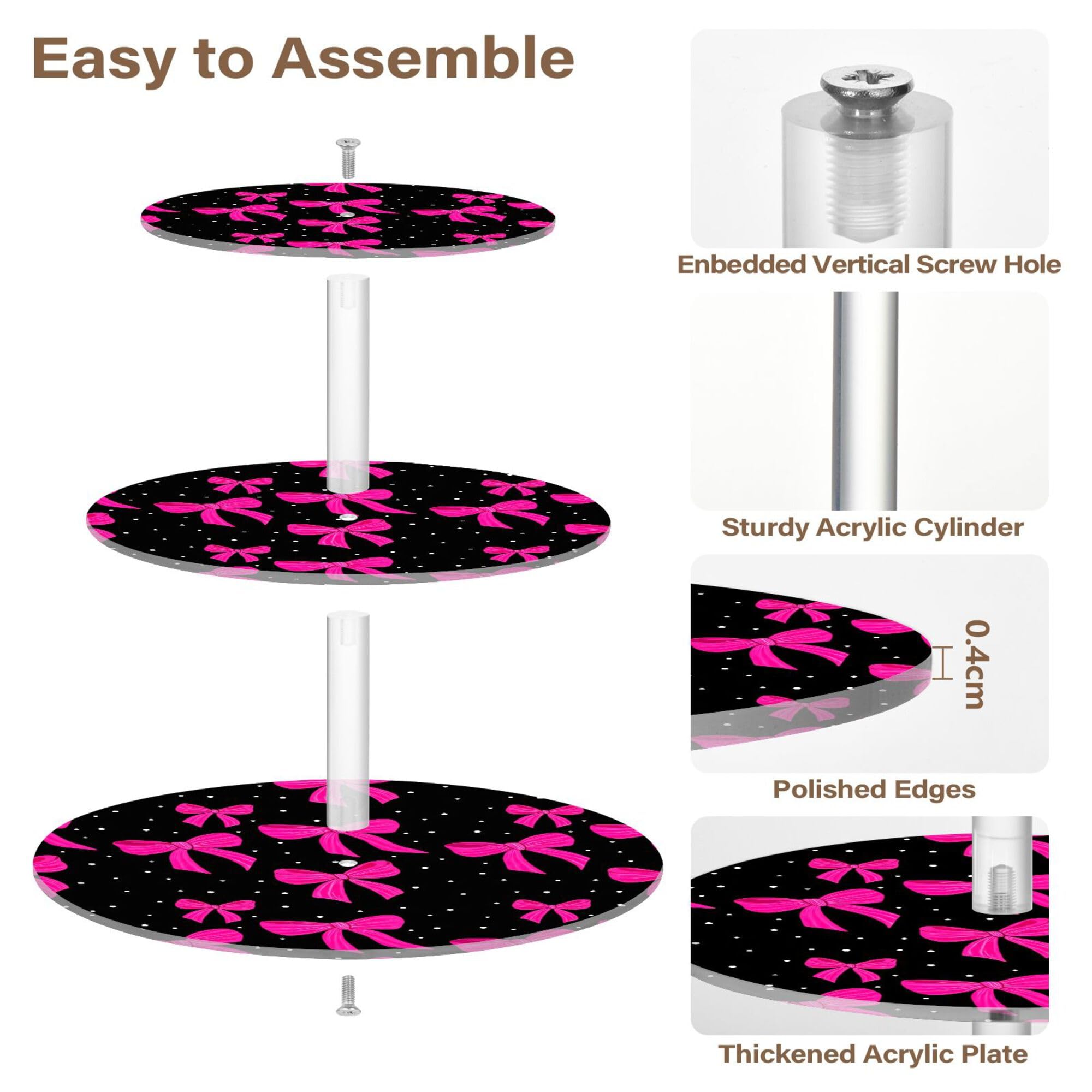 PYBUG Bows 3 Tier Acrylic Cupcake Stands Tower,Dessert Table Display Set for Tea Party,Wedding,Birthday, Baby Shower