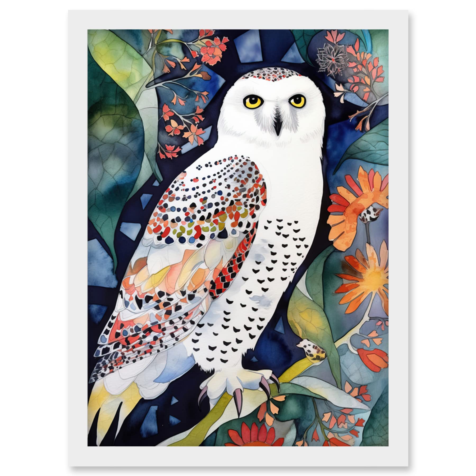 Artery8 Snowy Owl On Blooming Tree Folk Art Artwork Framed Wall Art Print A4