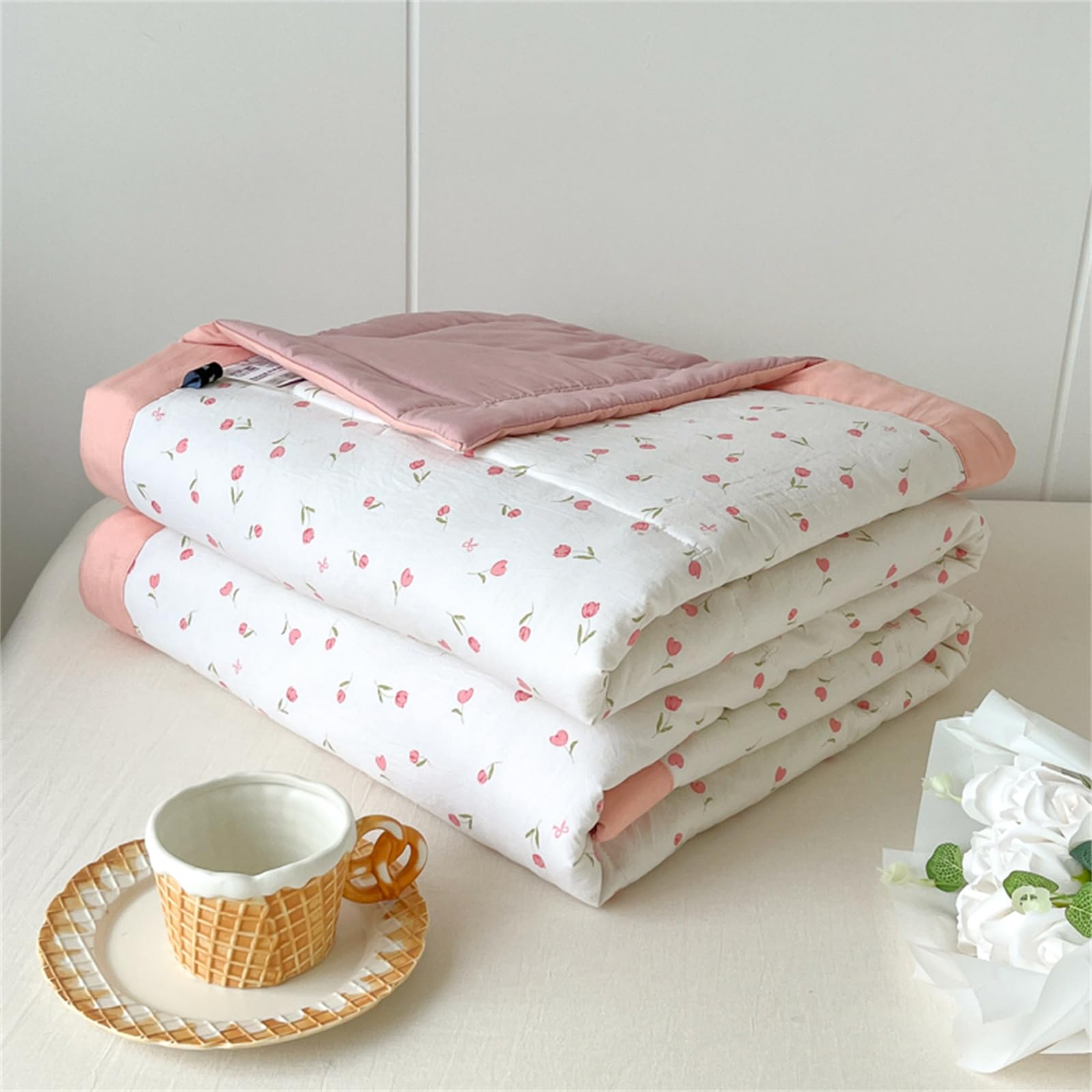 Highdi Spring Floral Print Reversible Bed Throws Quilted Bedspreads, Lightweight Patchwork Quilt Comforter Single Double, Throw Summer Quilt, Quilted Blanket for All Seasons (Floral,150x200cm)