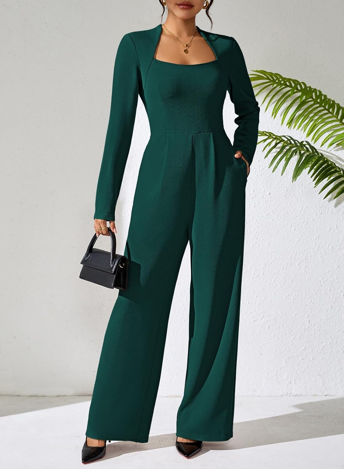 Pink Queen Jumpsuits for Women Dressy Scoop Neck Long Sleeve Wide Leg Romper One Piece Trendy Outfits - Image 4