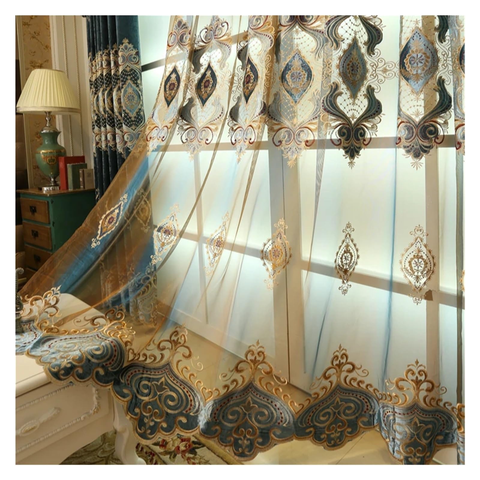 Rideaux brodés bleu-vert haut de gamme | Finition classique et élégante pour grand salon