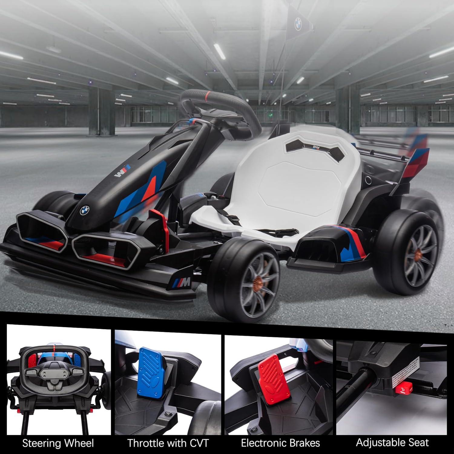 Licensed BMW Electric Go Kart, 24V Drift Kart with 400W Motor, Outdoor Driftable Kids Race Pedal Go Karting Car w/Adjustable Seat, Lights, for 6 Years Old, Black