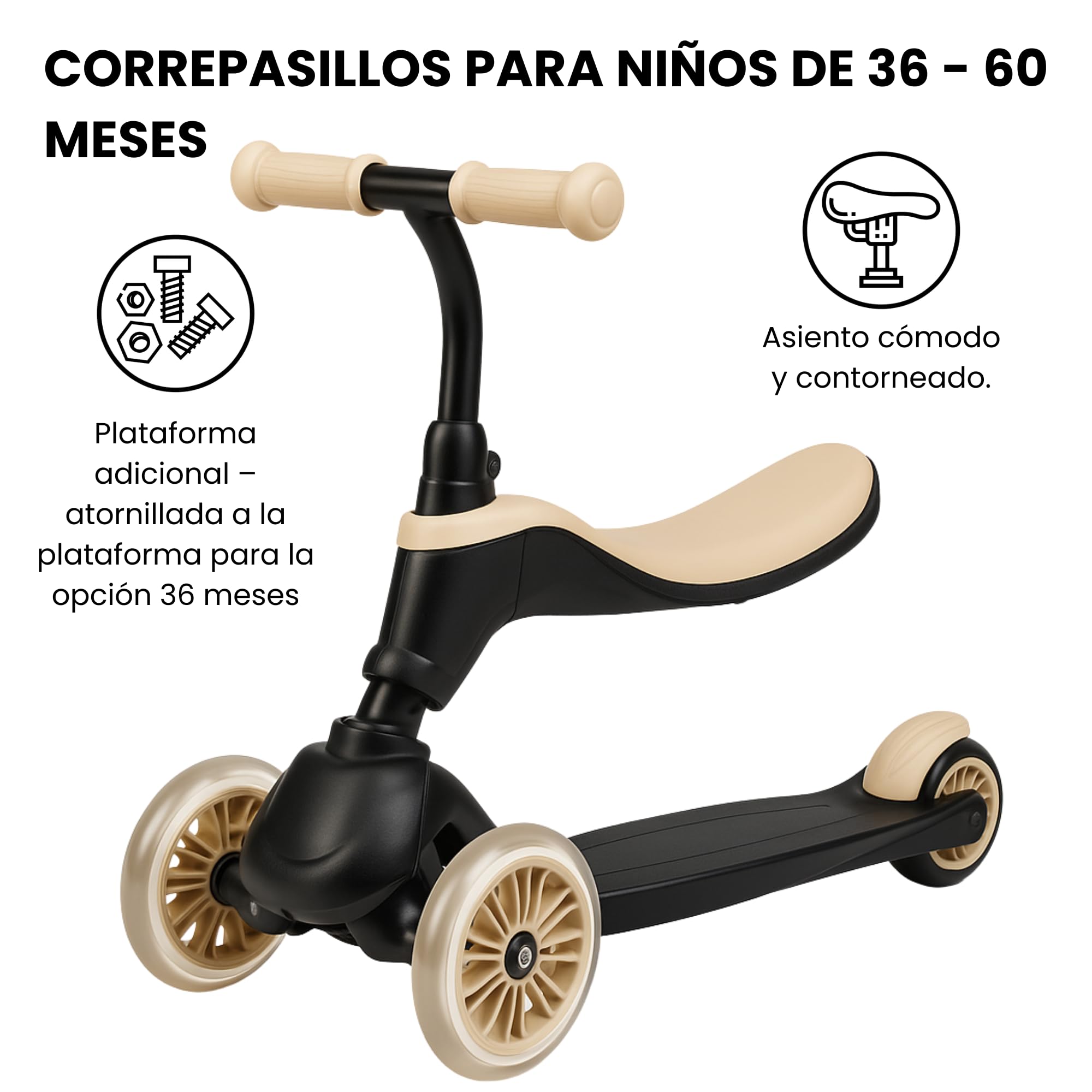 Qplay SEMA Patinete 3 en 1 para Niños, Correpasillos y Patinete Evolutivo, Modo Empuje Parental, Manillar Ajustable, Ruedas de Goma Sin Pinchazos, Freno Trasero, 36-72 Meses