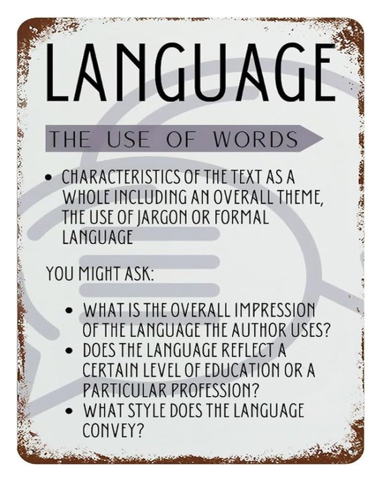 ICYJRFHLTF Literature Analysis Method Metal Sign English Class Educational Tin Poster for Classroom Teacher Study Wall Decor 8 X 12 inch