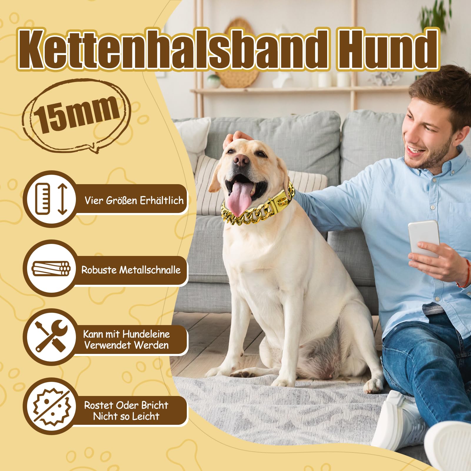 Collier en chaîne pour chien, Collier doré en chaîne métallique, 15 mm de largeur, Collier de chien cubain en acier inoxydable avec boucle pour petits, moyens et grands chiens (25 cm)