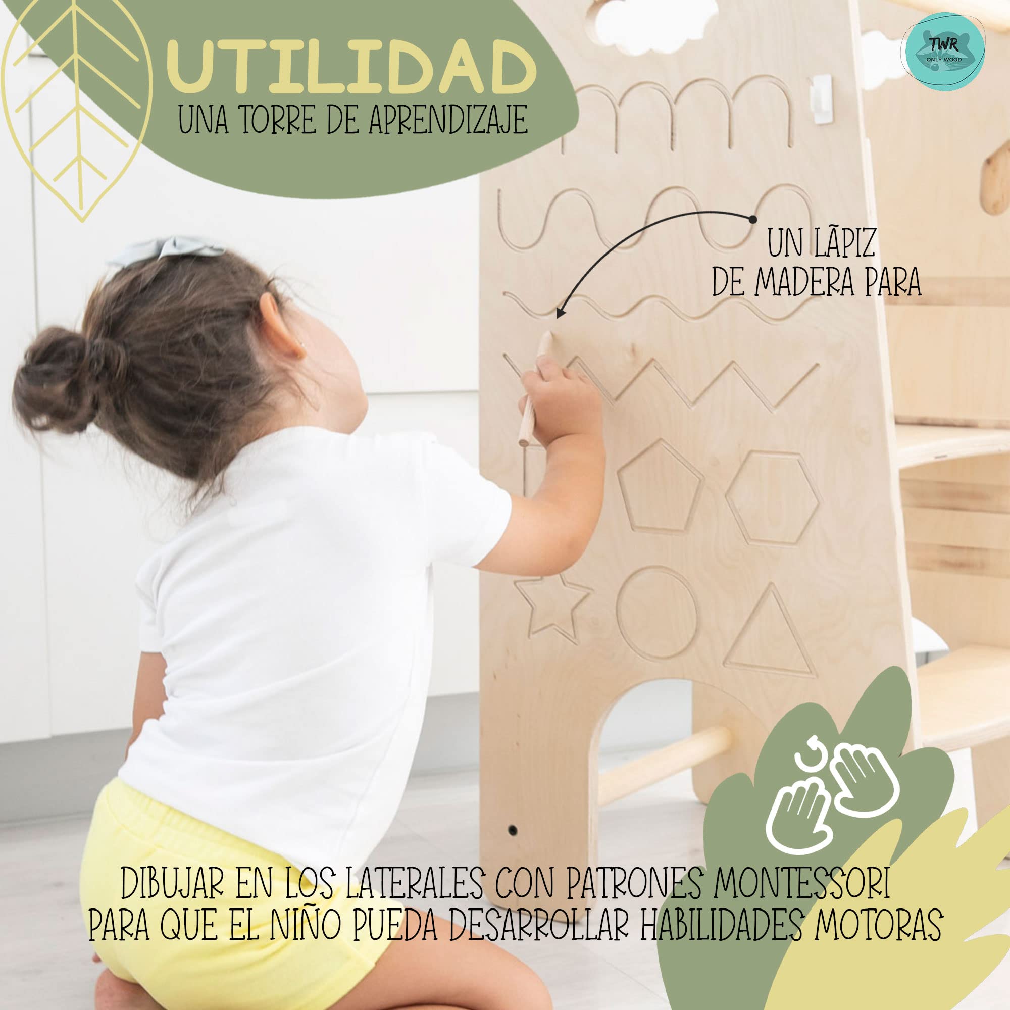 TWR ® Torre de aprendizaje evolutiva + trona bebe+ patrones Montessori (incluye lápiz de madera) 3 en 1- Torre de aprendizaje convertible en trona - 100% madera natural de alta calidad