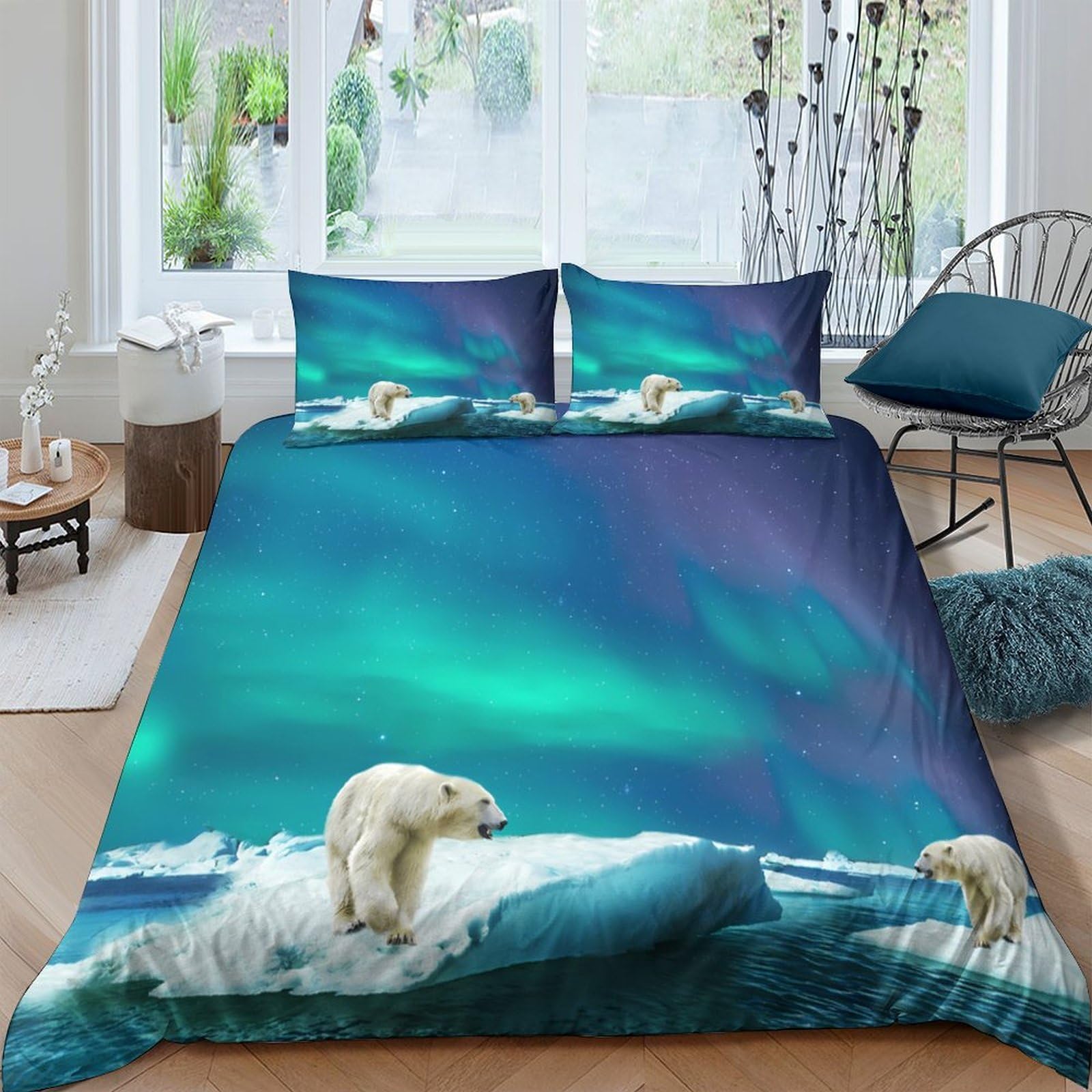 Ctjqhvkz Style-3 3D Printed Northern Lights Fitted Sheet Microfiber Polar Bear Mattress Cover Soft Washable Bedroom Decor Single（135X200cm）
