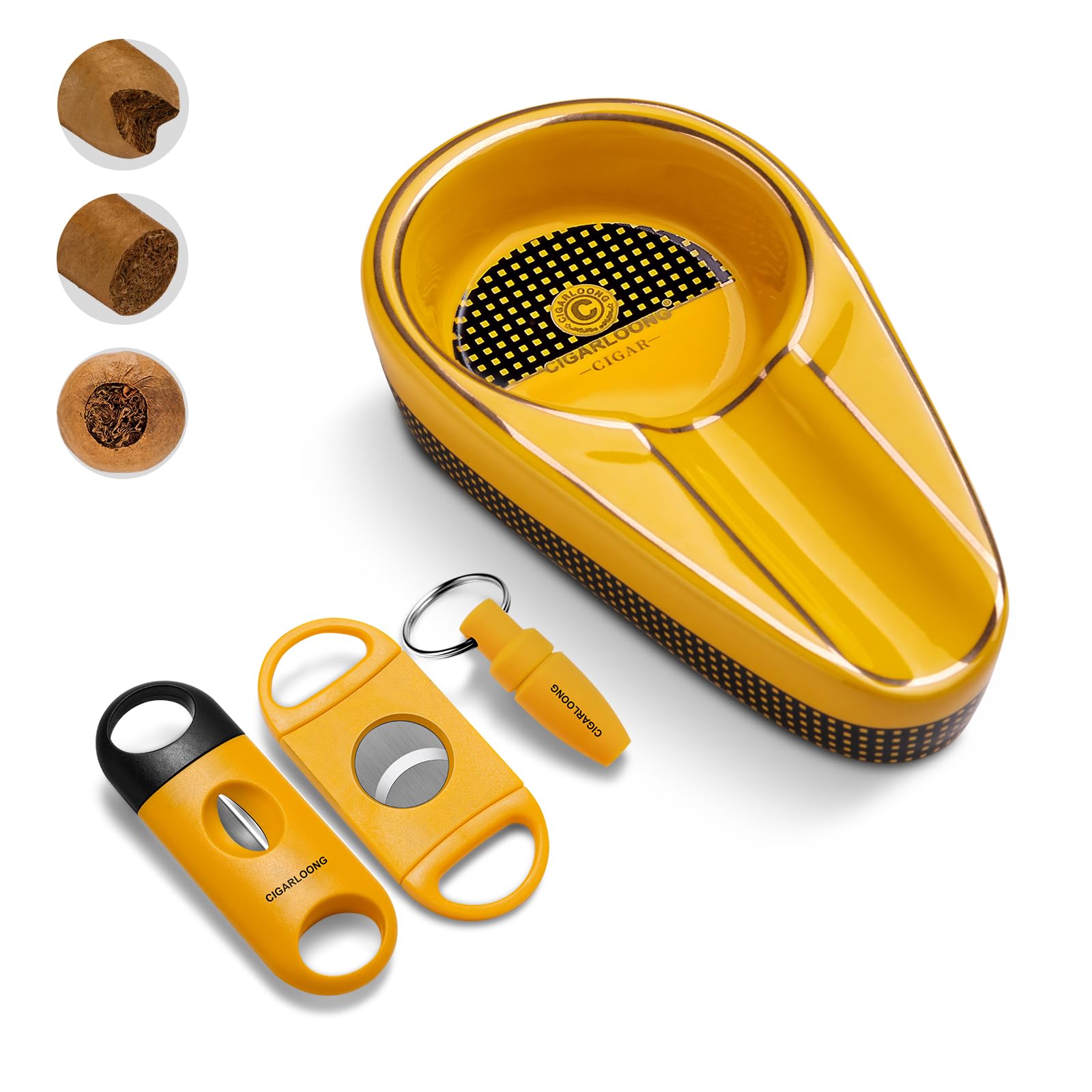 Clzoong Men's Yellow Cigar Ashtray With Cigar Cutter Set Portable, Include Cigar Ceramic Ashtray, Enlarge Cigar Guillotine Sharp V-Cut Cutter Punch With Gift Box, Cigar Accessories Set For (Yellow)