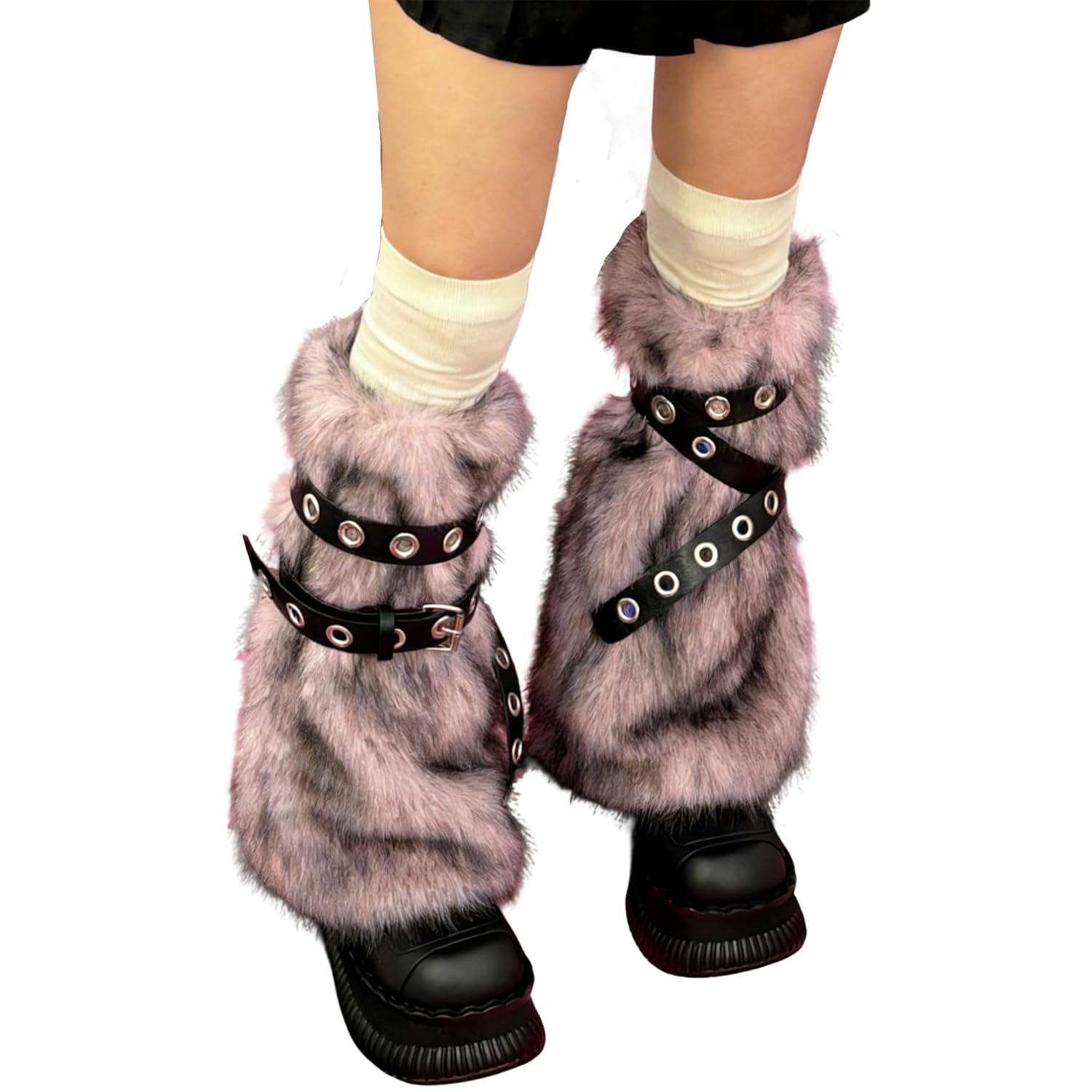 Mylleure Y2k Furry Leg Warmers for Women Fuzzy Faux Fur Leg Sleeves with Metal Ring Leather Straps Boot
