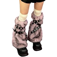 Mylleure Y2k Furry Leg Warmers for Women Fuzzy Faux Fur Leg Sleeves with Metal Ring Leather Straps Boot