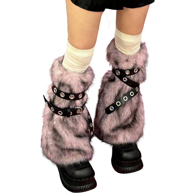 Mylleure Y2k Furry Leg Warmers for Women Fuzzy Faux Fur Leg Sleeves with Metal Ring Leather Straps Boot