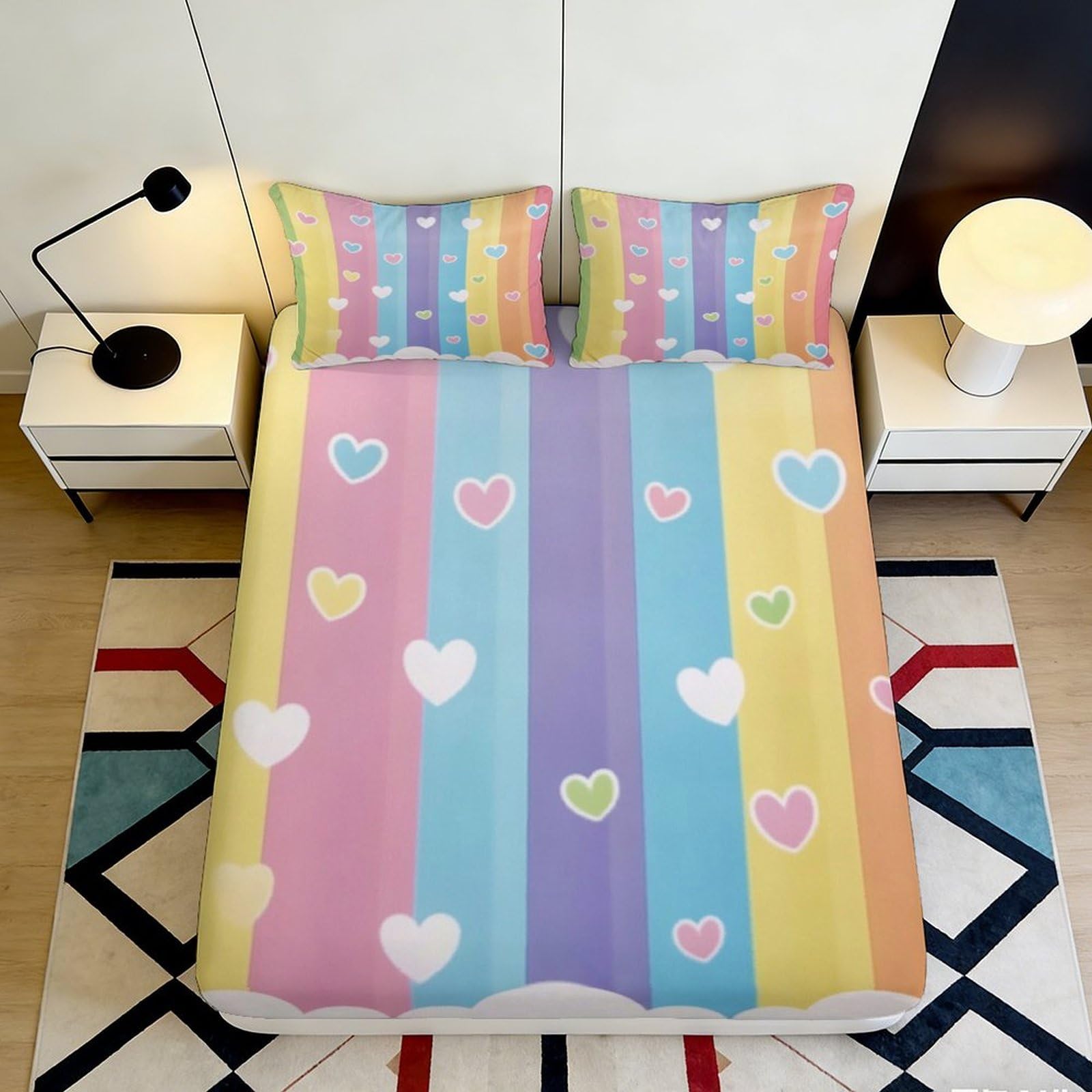 3D Printed Pastel Rainbow Fitted Sheet Microfiber Soft Heart Pattern Mattress Cover for Bedroom Dorm Decor Protection 90x200x25cm