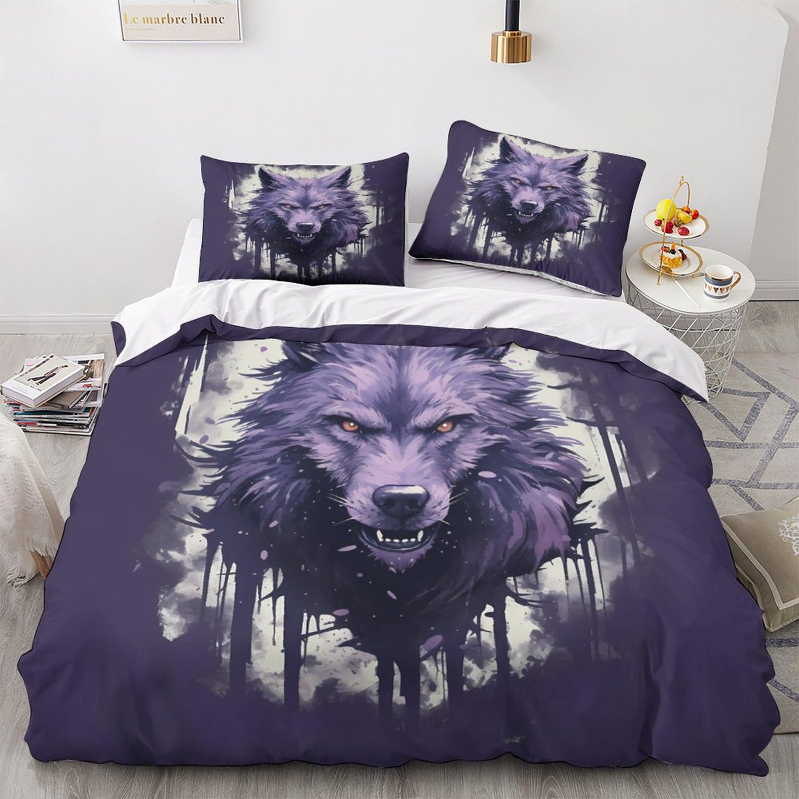 Housse de couette loup 3D parure de lit king en microfibre de 3 pièces