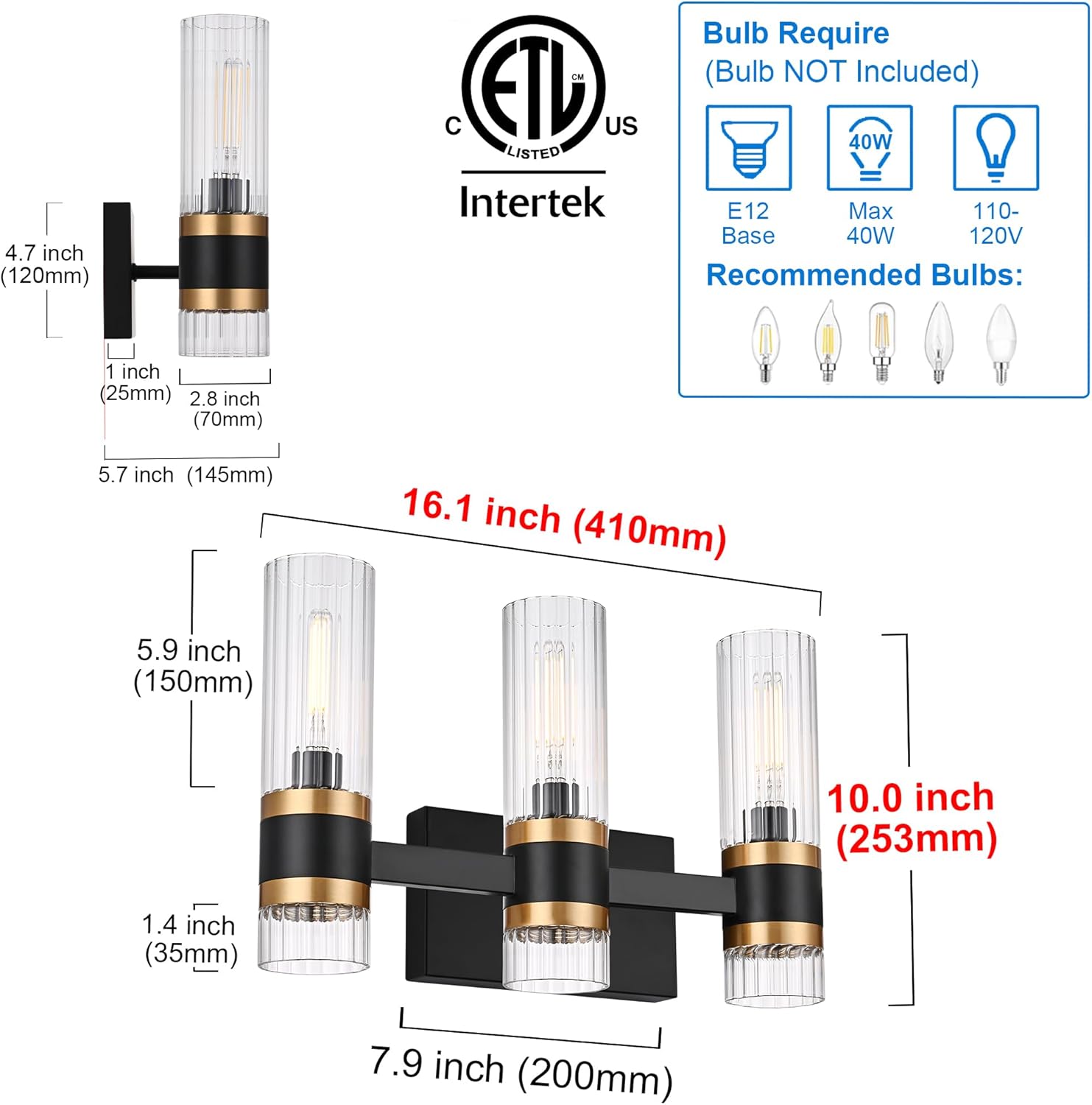 MELUCEE Black 3 Light Bathroom Vanity Light, Modern Vanity Lights Bathroom Light Bar with Ribbed Clear Glass Shade Indoor Wall Lights for Mirror Cabinet Kitchen Bedroom Hallway, E12 Base