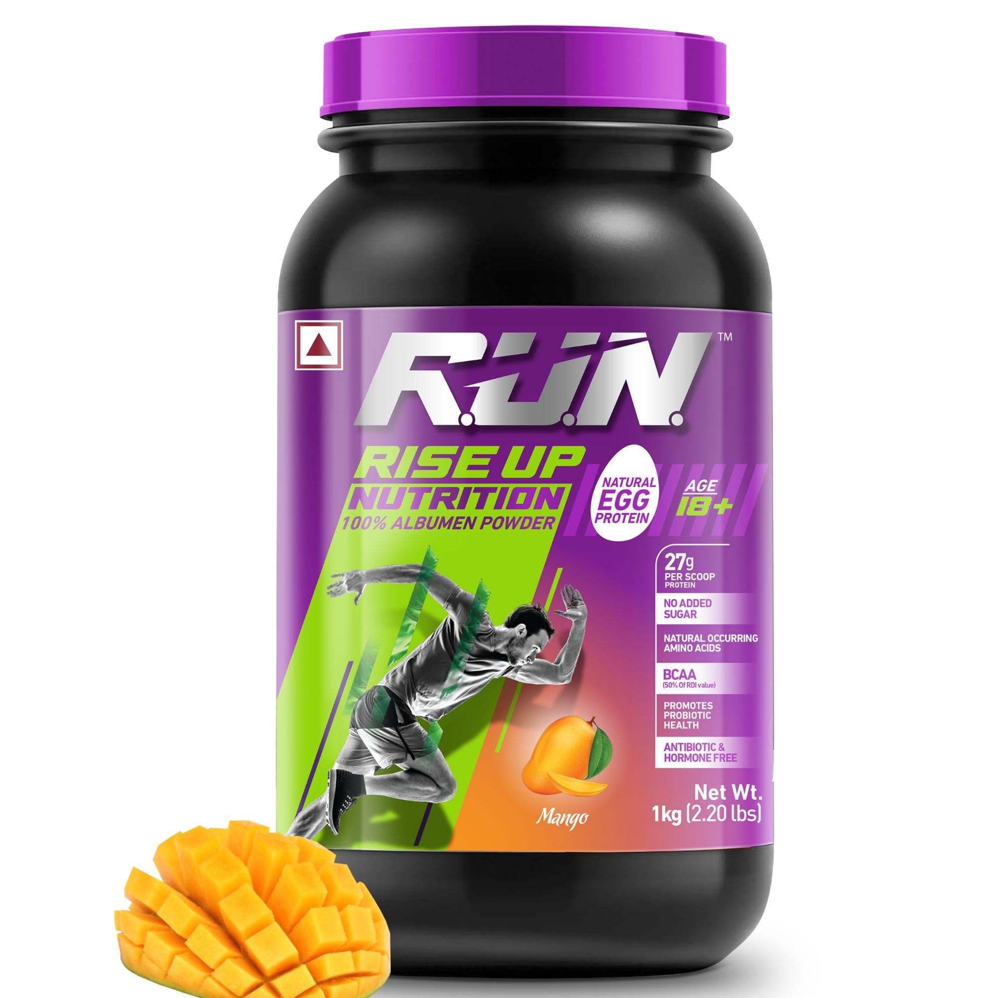 R.U.N-RISE UP NUTRITION Egg White Protein Powder for Athletes,Gym & Fitness Enthusiasts |27g Protein & 14g EAA|Lactose, Soy & Gluten Free Egg Albumen Protein Powder for Immunity, Mango -1kg