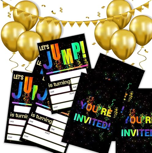 Miniatura 5 de Let's Jump Invitaciones para fiesta de cumpleaños, tarjetas de invitación de fiesta de trampolín brillante de 4 x 6 pulgadas (20 tarjetas + sobres)