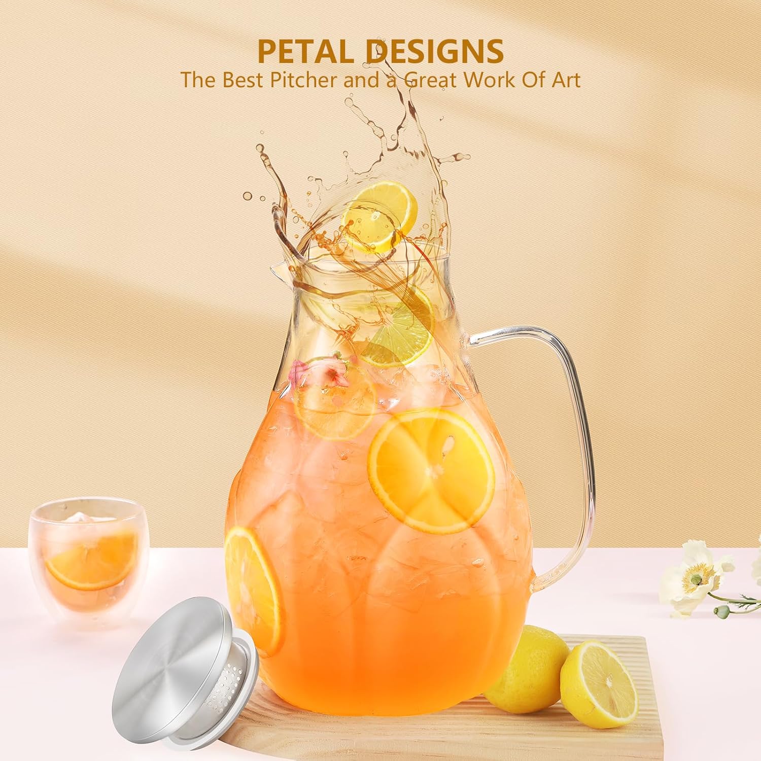 Glass Pitcher With Lid, 102oz Unique Petal Design, Stainless Steel Large Iced Tea Pitcher, Easy To Clean Lightweight Borosilicate Glass For Cold And Hot Beverages - Image 3