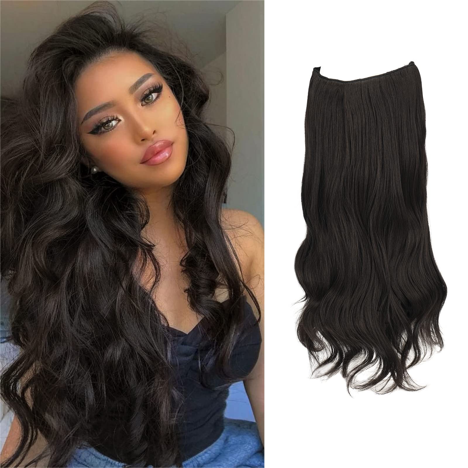 BARSDAR Curly Wire Hair Extensions 18 Inch Synthetic Hairpiece Invisible Wire Hair Extensions with Secure Clips Adjustable Size Darkest Brown Hair - Easy to Use & Natural Looking